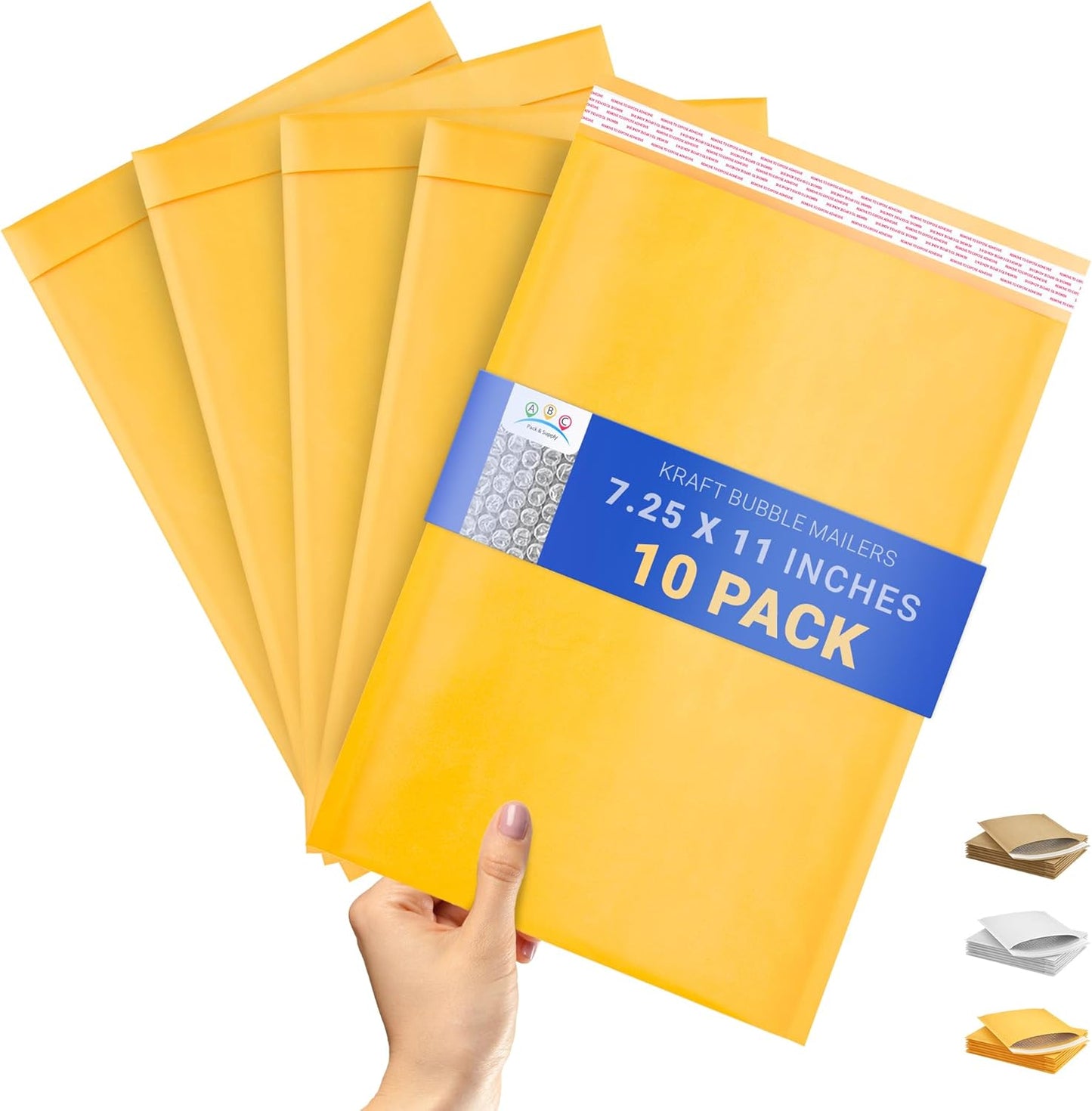 ABC PACK & SUPPLY Yellow Kraft Bubble Mailer Envelopes, 7.25 x 11 Inches. 10 Pack Mail Padded Envelopes Self Seal. Kraft Bubble Mailers. Tear-Resistant Mailing Envelope Padded. Sturdy Paper Mailer