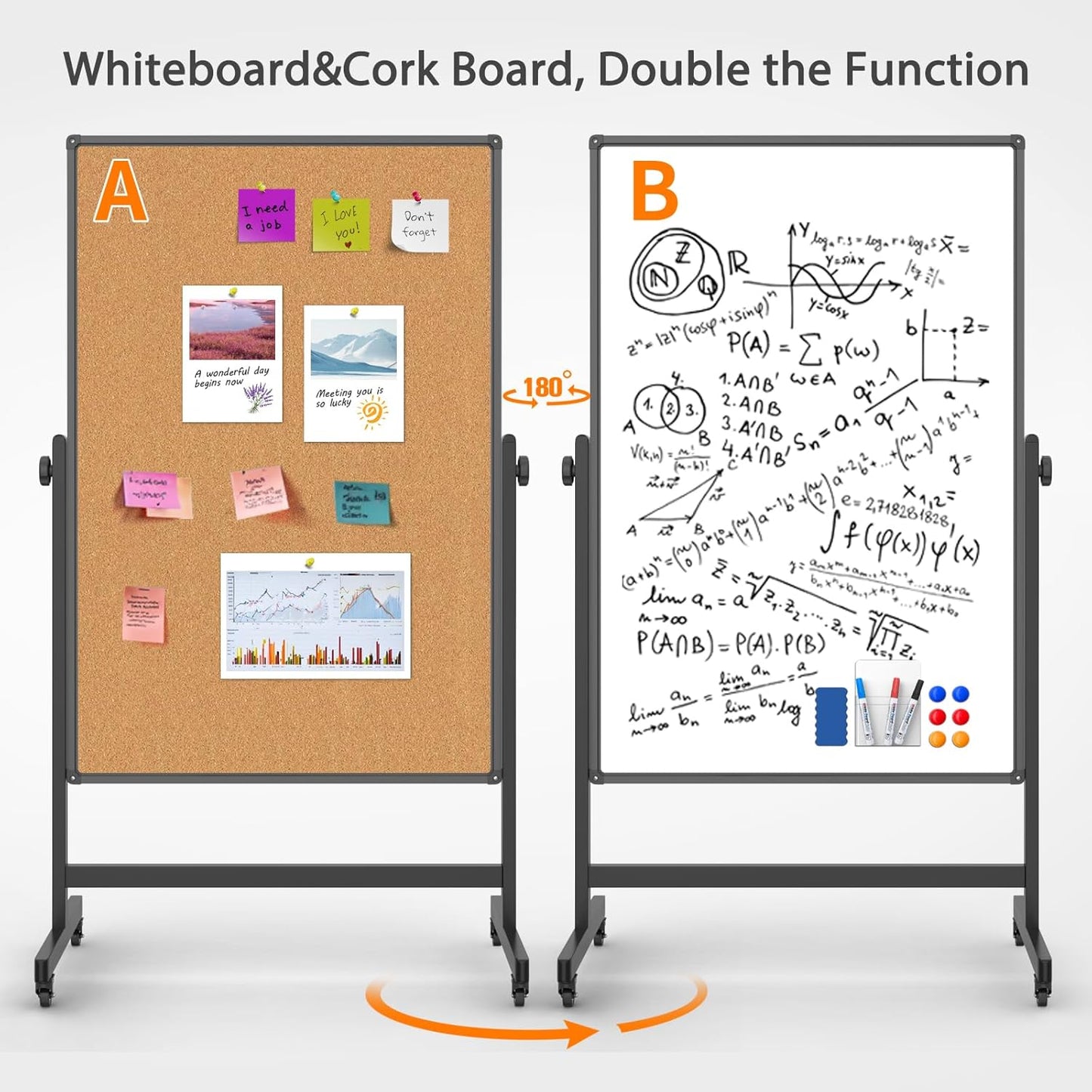 Double-Sided Whiteboard and Corkboard on Wheels, 48 x 32 Inch Magnetic Dry Erase Board with Adjustable Height Stand, Rolling Mobile Board for Office, Classroom, Presentation & Planning (Cork & Black)