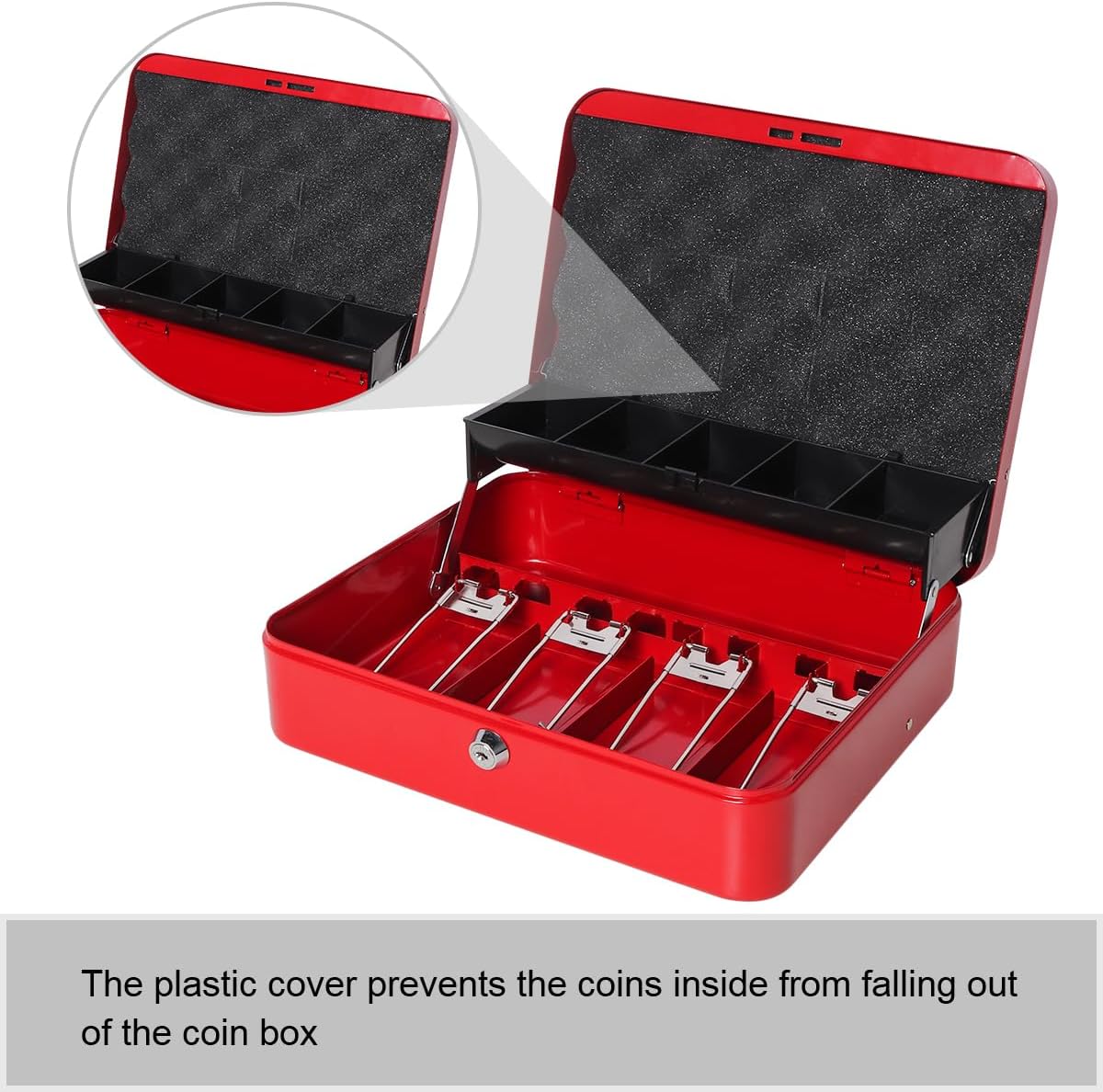 Jssmst Cash Box with Money Tray and Lock -Red Cash Box with Key Lock Safe Money Box Large, Locking Cash Register Drawer Box for Money, 11.8'' x 9.5'' x 3.5'', SM-CB005RED