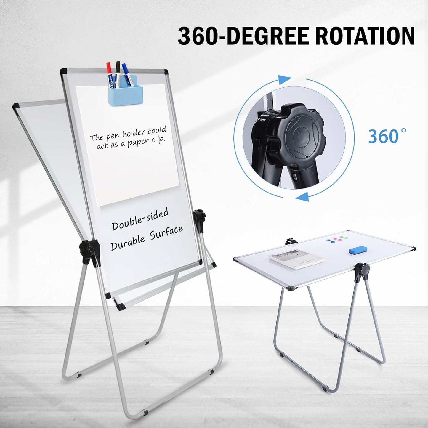 Stand White Board, Double Sided Magnetic Dry Erase Board Height Adjustable Whiteboard with Sturdy Aluminum Frame for Home Office Classroom, 36 x 24 Inch