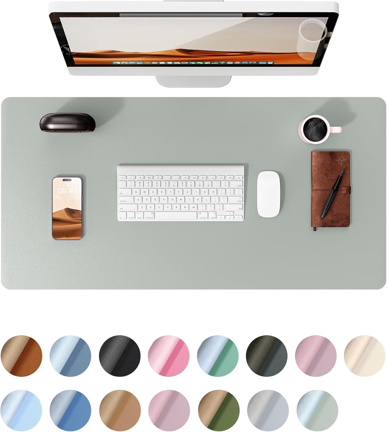 YSAGi Leather Desk Protector, Office Mat, Large Mouse Mat, Non-Slip PU Leather Blotter, Laptop Pad, Waterproof Writing Pad for Office and Home (Grayish Green, 35.4" x 17")