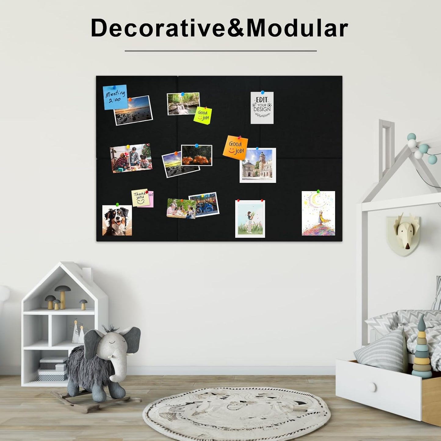 Large Cork Board for Wall 6 Pack, Bulletin Board 36" X 24", Felt Board Wall Tiles with 72 Damage-Free Removable Pads & Push Pins, Alternative Pin Board Cork Board for Office Home, Black