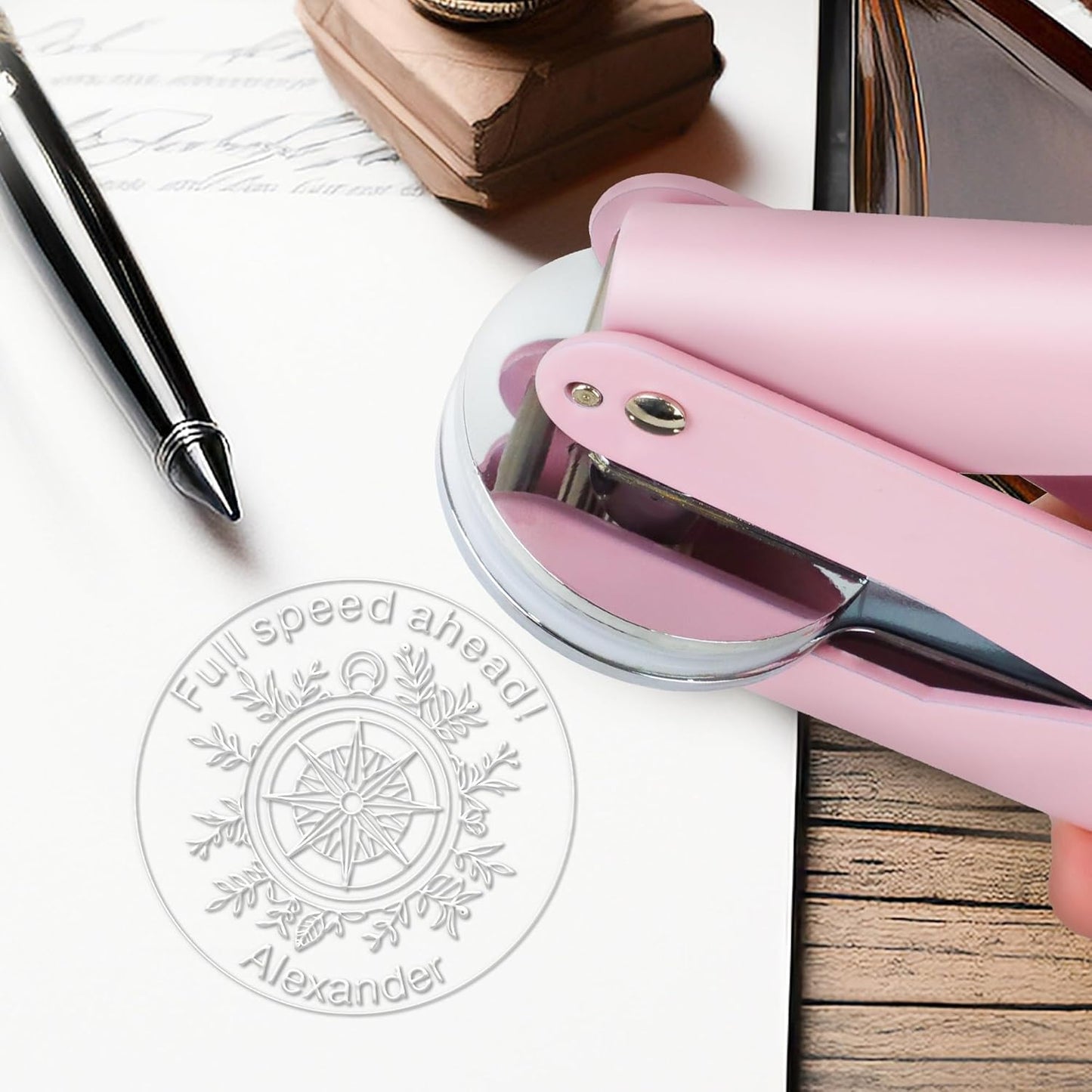 from The Library of Embossers & Stamps Nautical Theme Custom Color Self-Inking Stamp with Your Name Ship Rudder Great for Personalizing Books