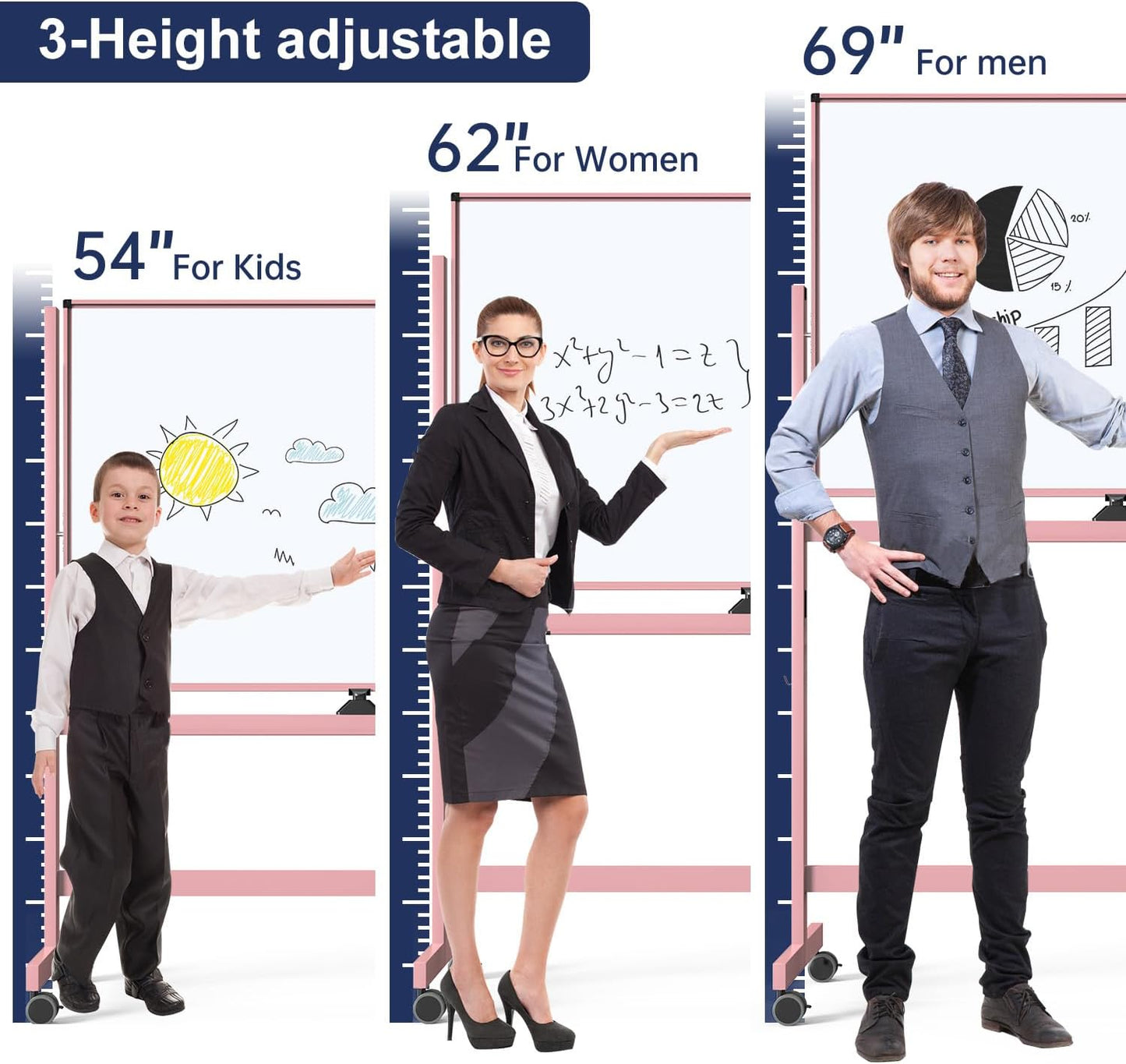 TSJ OFFICE Large Rolling Whiteboard - Dry Erase Magnetic 48 x 32 Inches White Board Height Adjust Double Sides Mobile Portable Easel on Wheels, Dry Erase Board with Stand for Office, Home & Classroom