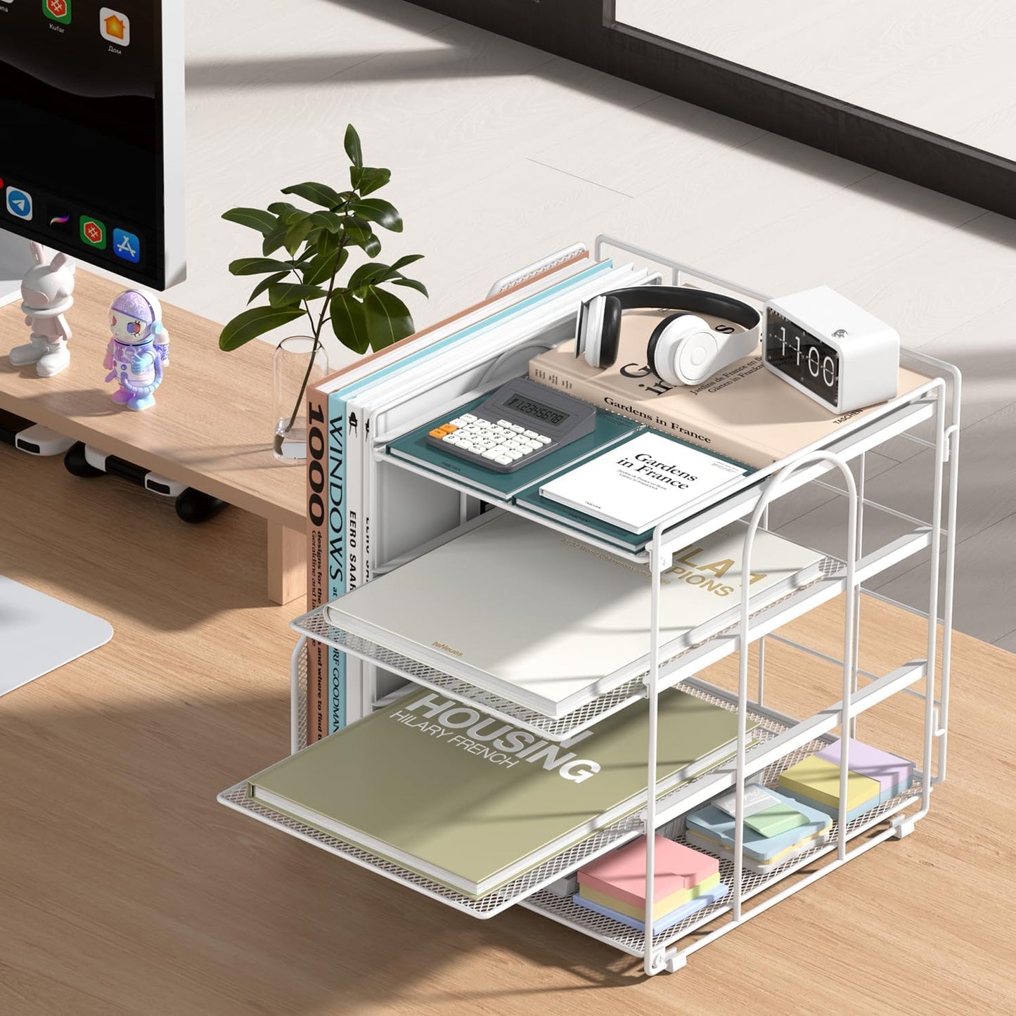 Desk File Organizer and Accessories, 4-Tier Paper Organizer with Vertical File Holder, Office Desk Accessories & Workspace Organizers and Storage for Office Supplies (White)