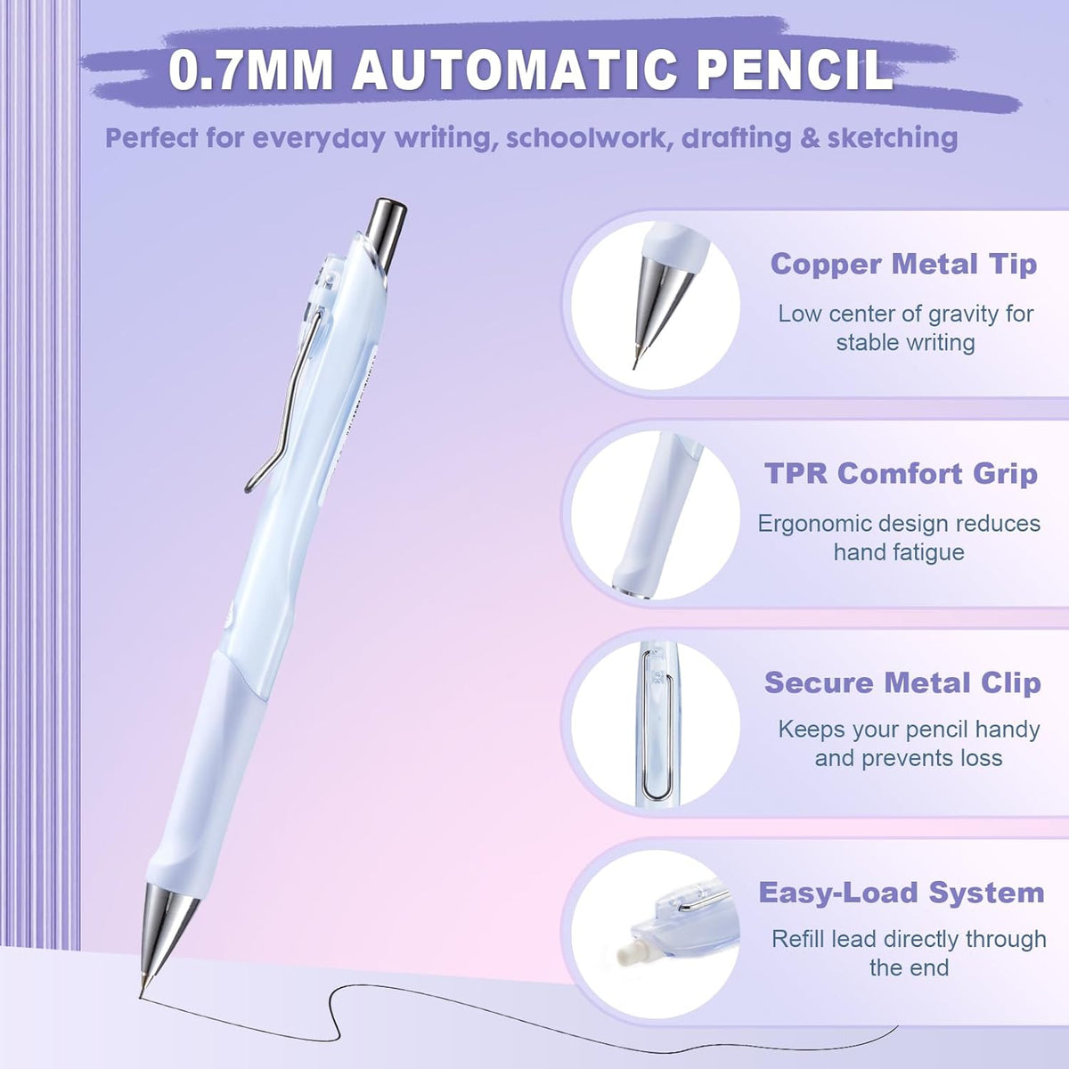 6-Pack 0.7mm Mechanical Pencils with Macaron Colors, Built-In Eraser, Copper Tip, Easy-Load Lead, Metal Clip, Soft Grip, for School, Office, Sketching, Drafting