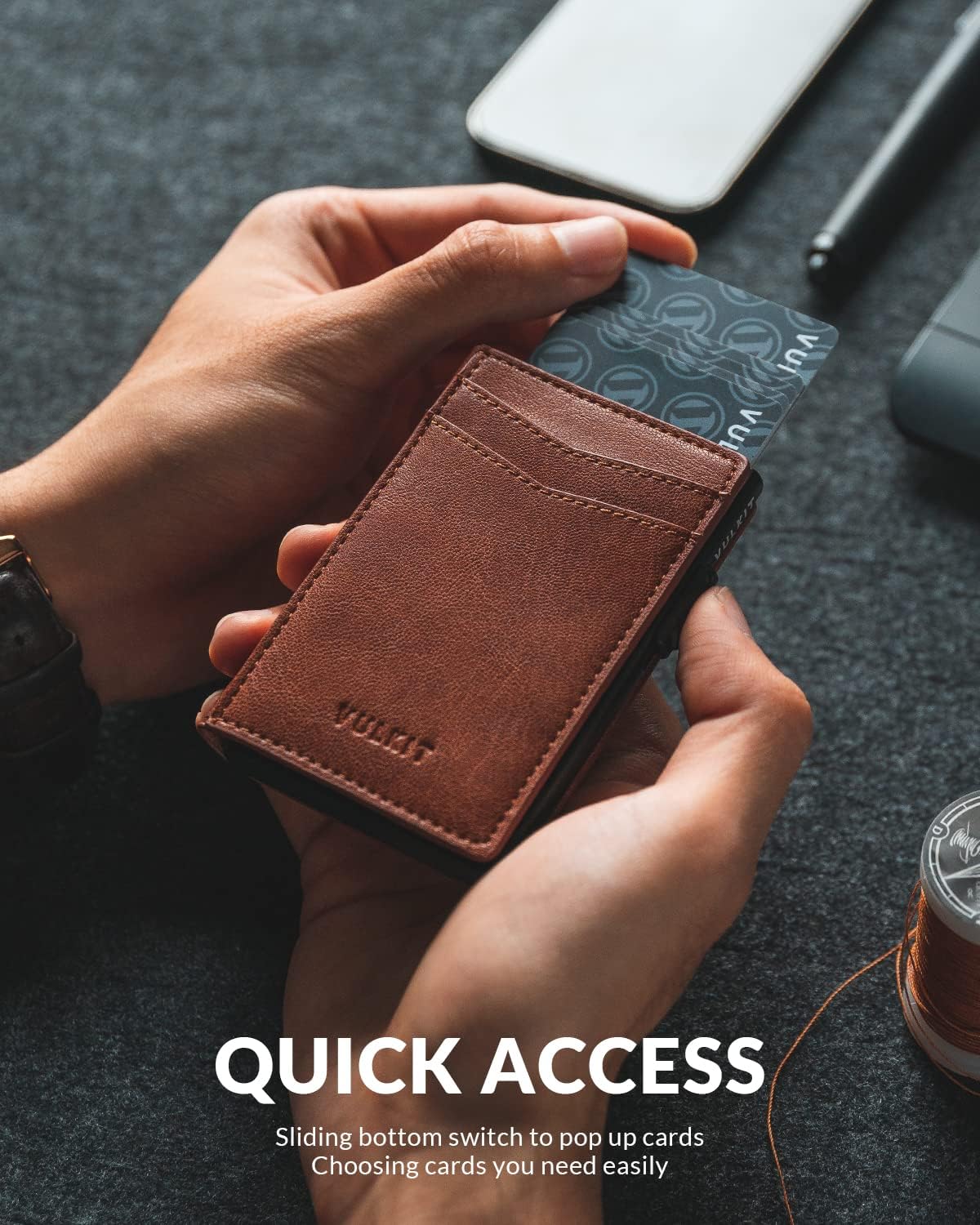 VULKIT Men's Slim Wallet Pop Up Card Holder RFID Blocking Metal Wallet Minimalist Design Holds Up to 11 Cards