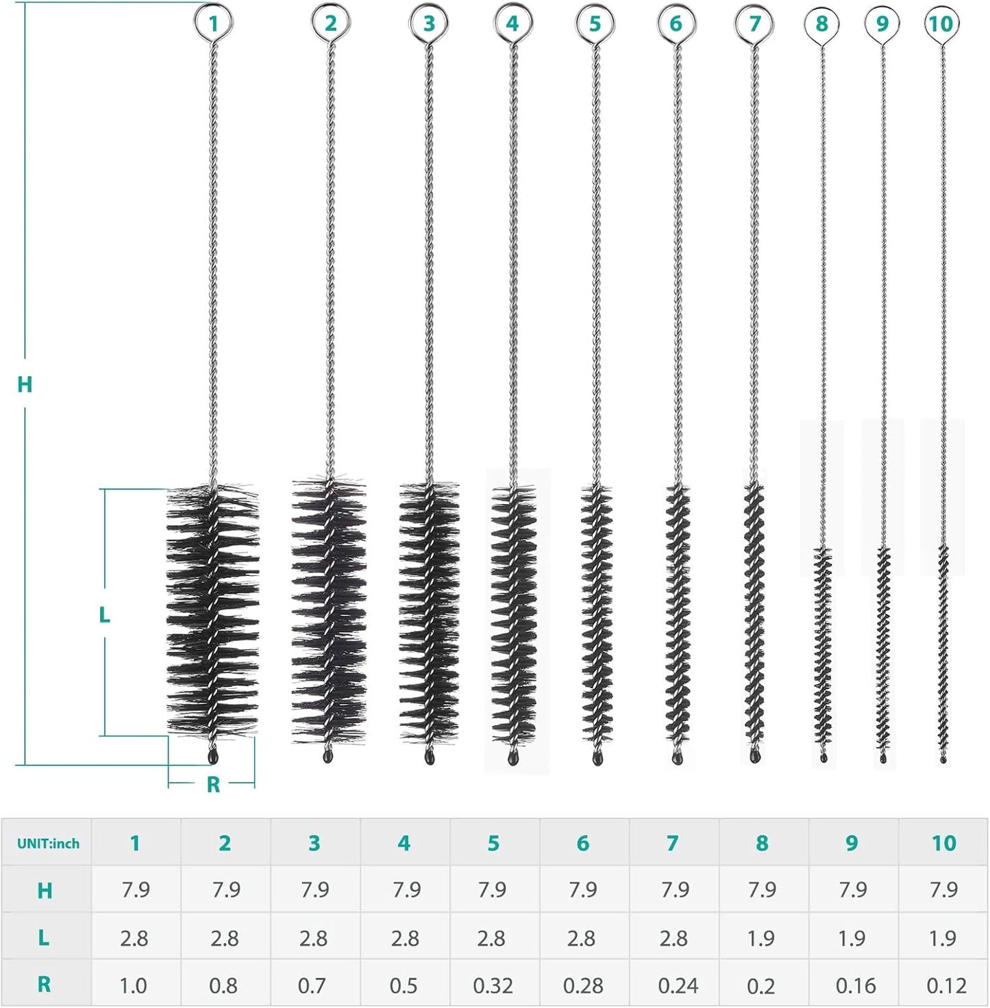 CiaraQ Bottle Cleaning Brushes, 8 Inch Nylon Tube Brush Set, Cleaner for Narrow Neck Bottles Cups with Hook, Set of 10pcs, Black