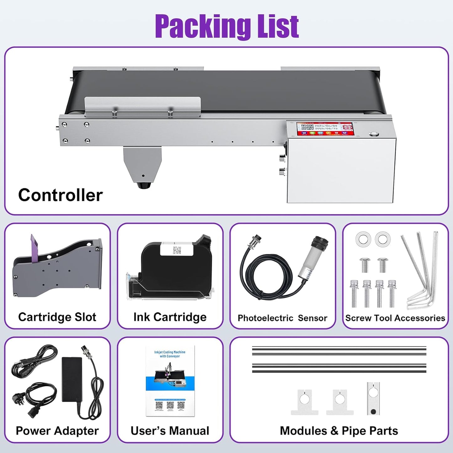 TIJ228 Inkjet Coding Machine with Mini Conveyor Belt, 2-12.7mm Industrial Online Inkjet Printer with 42ml Original Quick-Drying Ink for Expiry Dates,Batch Numbers,Barcodes,QR Codes,Logos,Labels