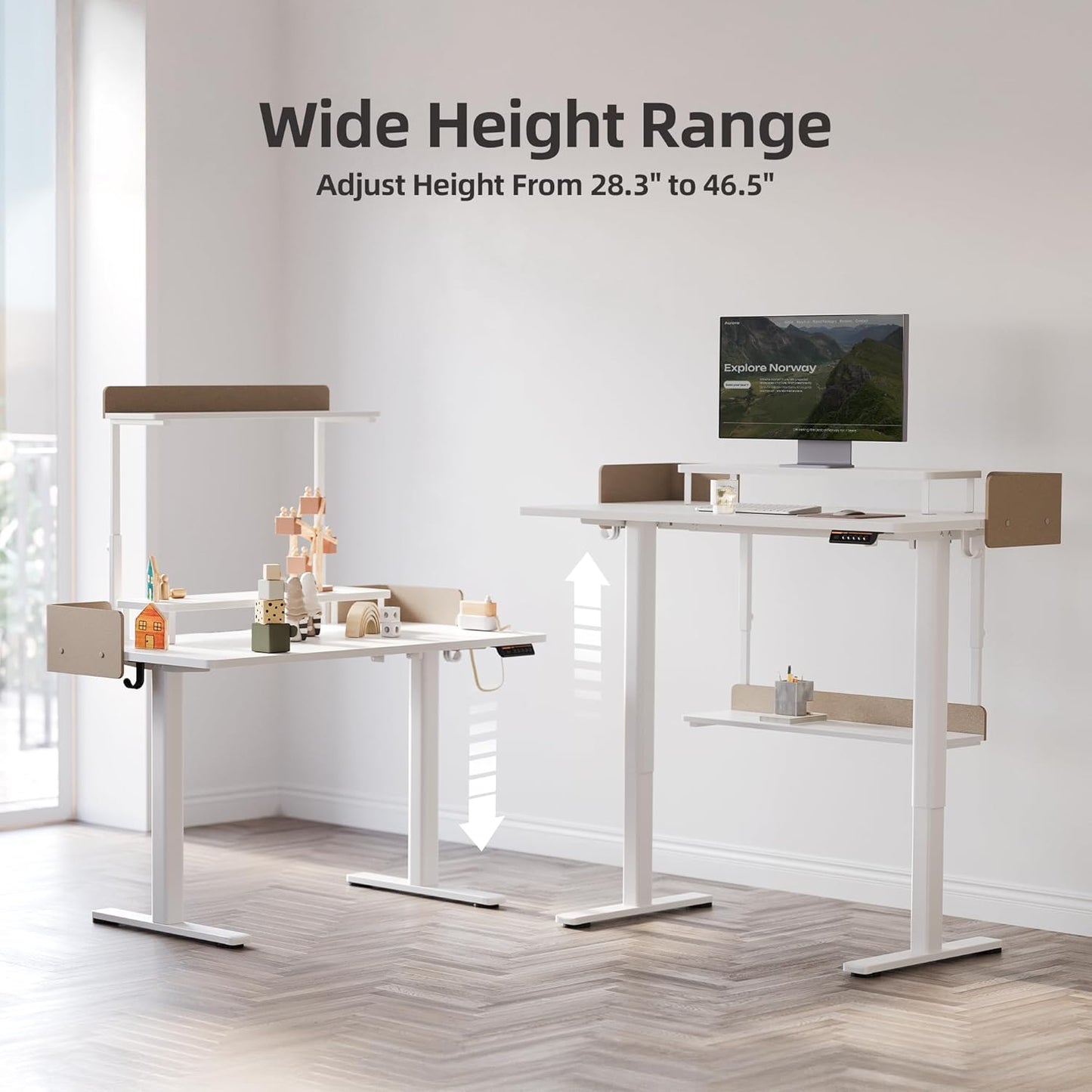 Claiks Electric Standing Desk with Monitor Stand, 48 x 24 Inches Electric Height Adjustable Desk with Removable Shelves, Stand Up Computer Desk Workstation, White