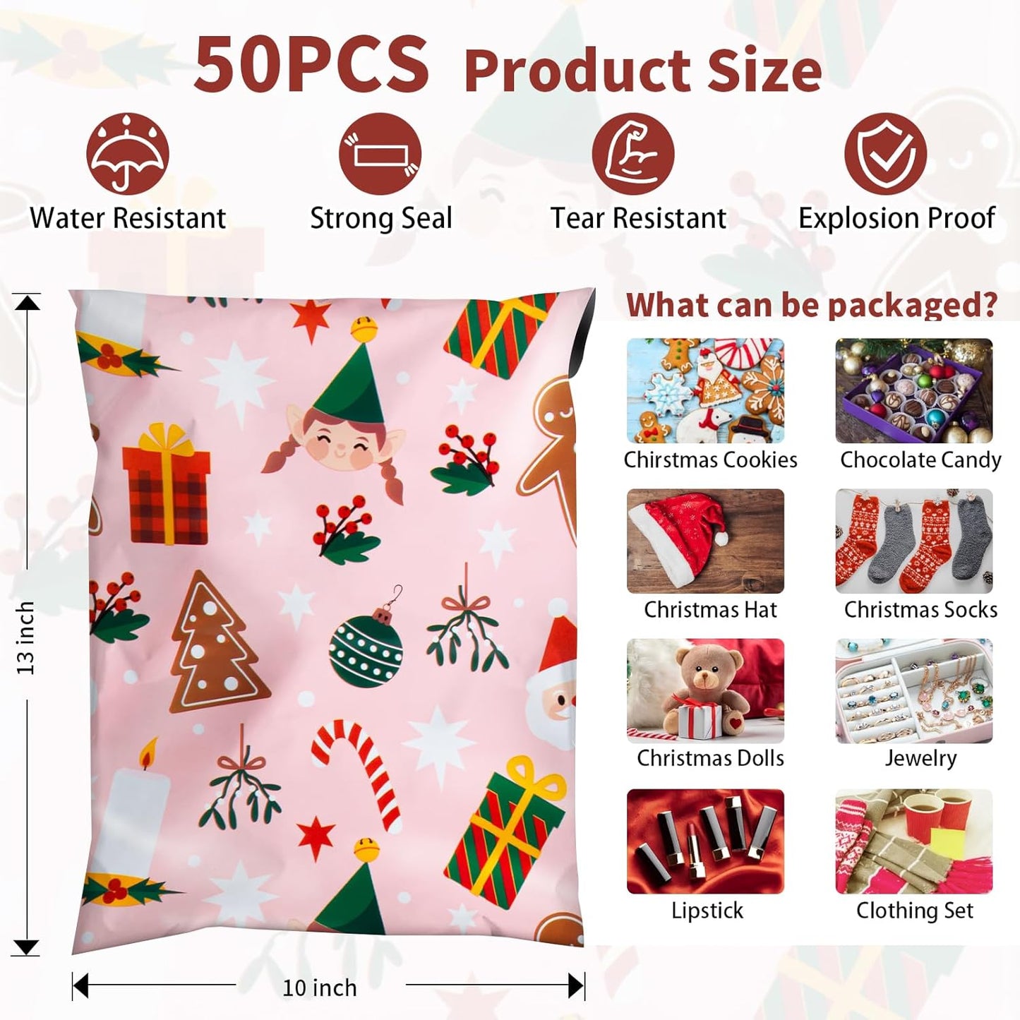 Oududianzi Christmas Poly Mailers 10x13, 50Pack Christmas Shipping Bags, Mailing Bags, Christmas Mailers Poly Bags for Shipping, Holiday Poly mailers 10x13, Christmas Packaging Bags