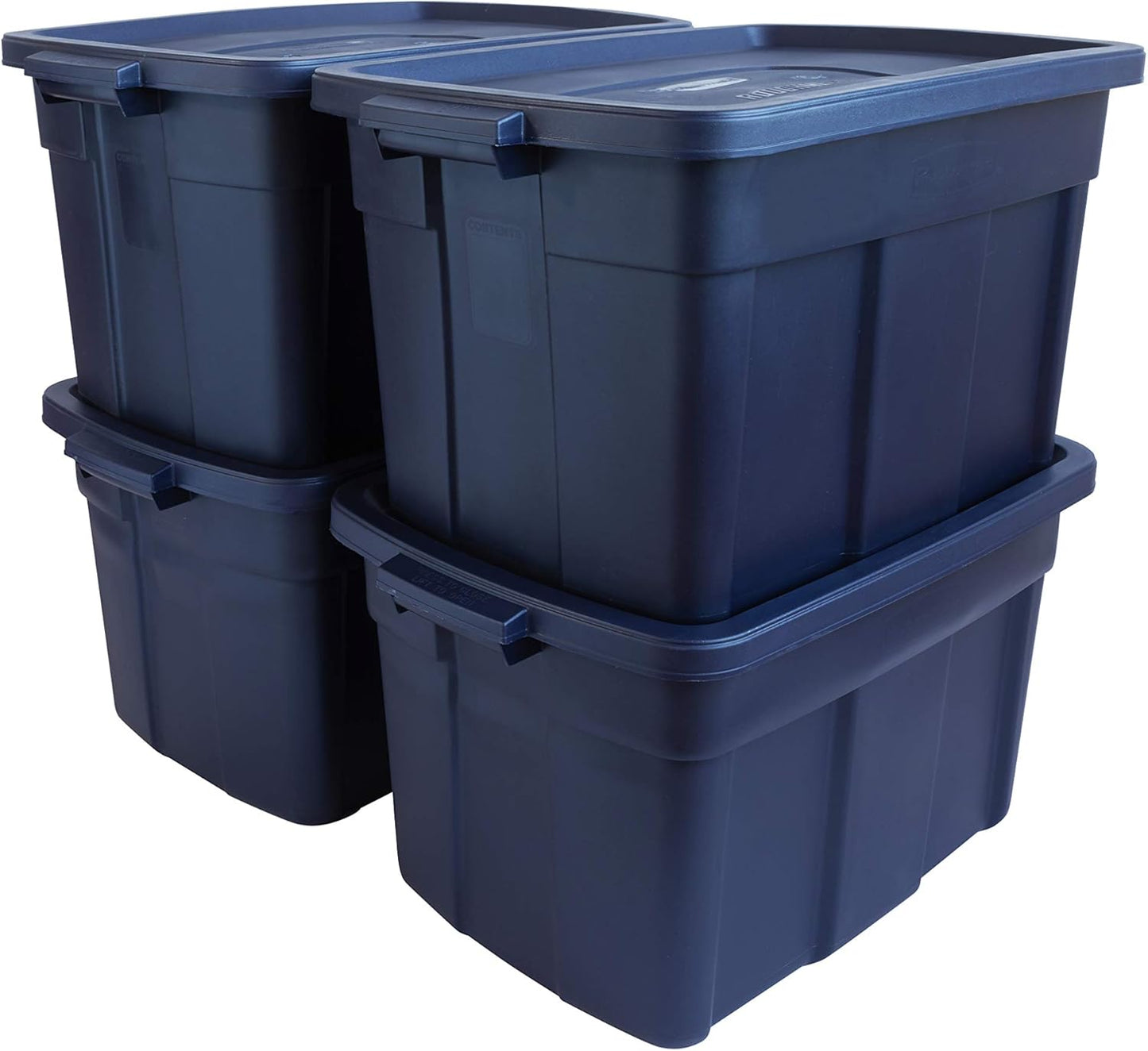 Rubbermaid Roughneck Tote 25 Gal, 4 Pack, Made in USA, Dark Indigo Metallic, Rugged Plastic Stackable Storage Bins with Lids and Handles