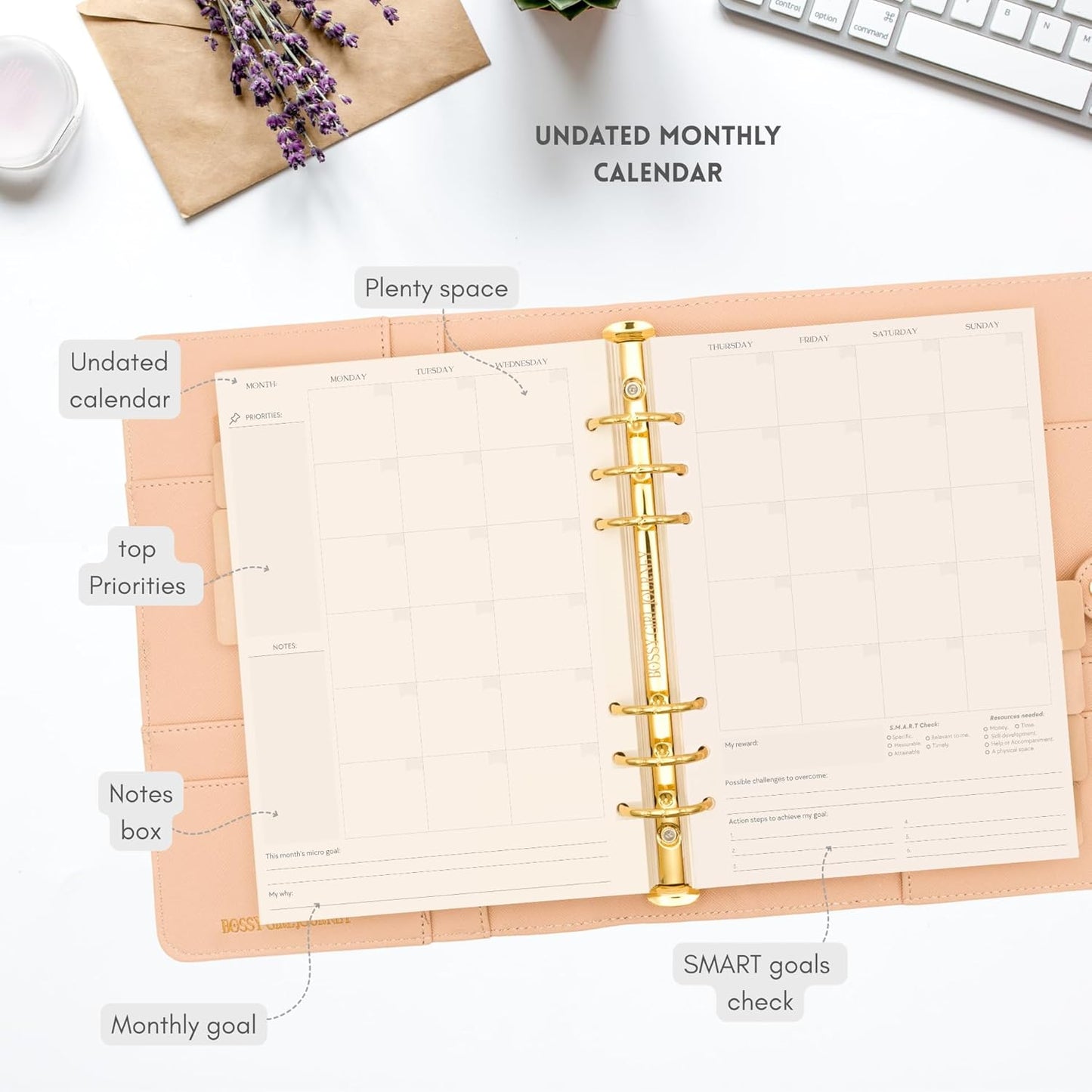 Bossy Girl Journey - A5 Daily Planner Binder – Undated Time Blocking Refillable Organizer for Women with 110gsm Paper, PU Leather Cover, Stickers, Dividers, Pen Loop, Gift Box – Goal Setting & Productivity (Beige)