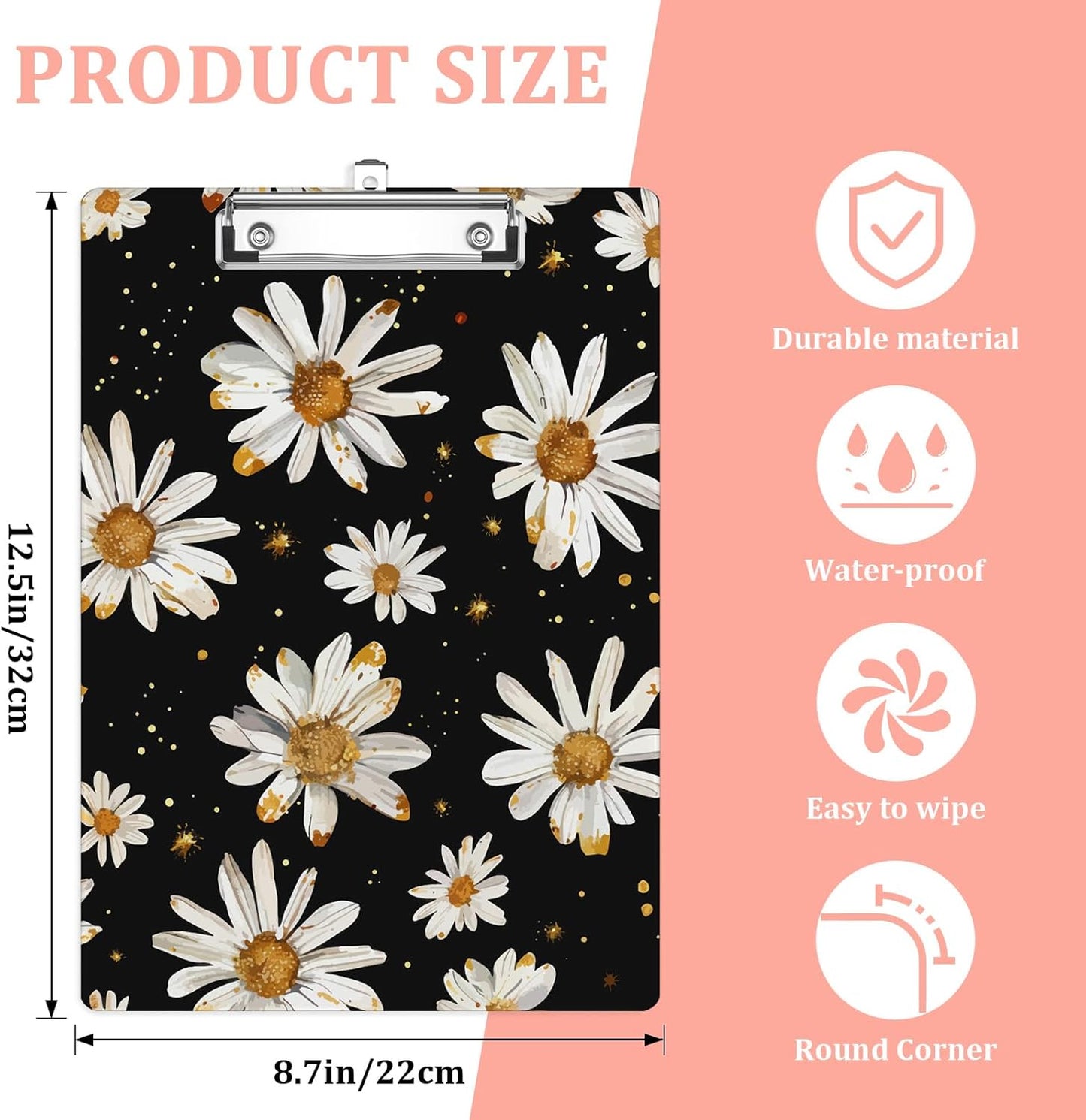 White Daisy Plastic Clipboards,Cute Fashion Clipboard Decorative 8.5" x 12.5"Standard A4 Size Clipboards,Acrylic Clipboard for Teacher,Social Worker,Students,Nurse,Office Supplies