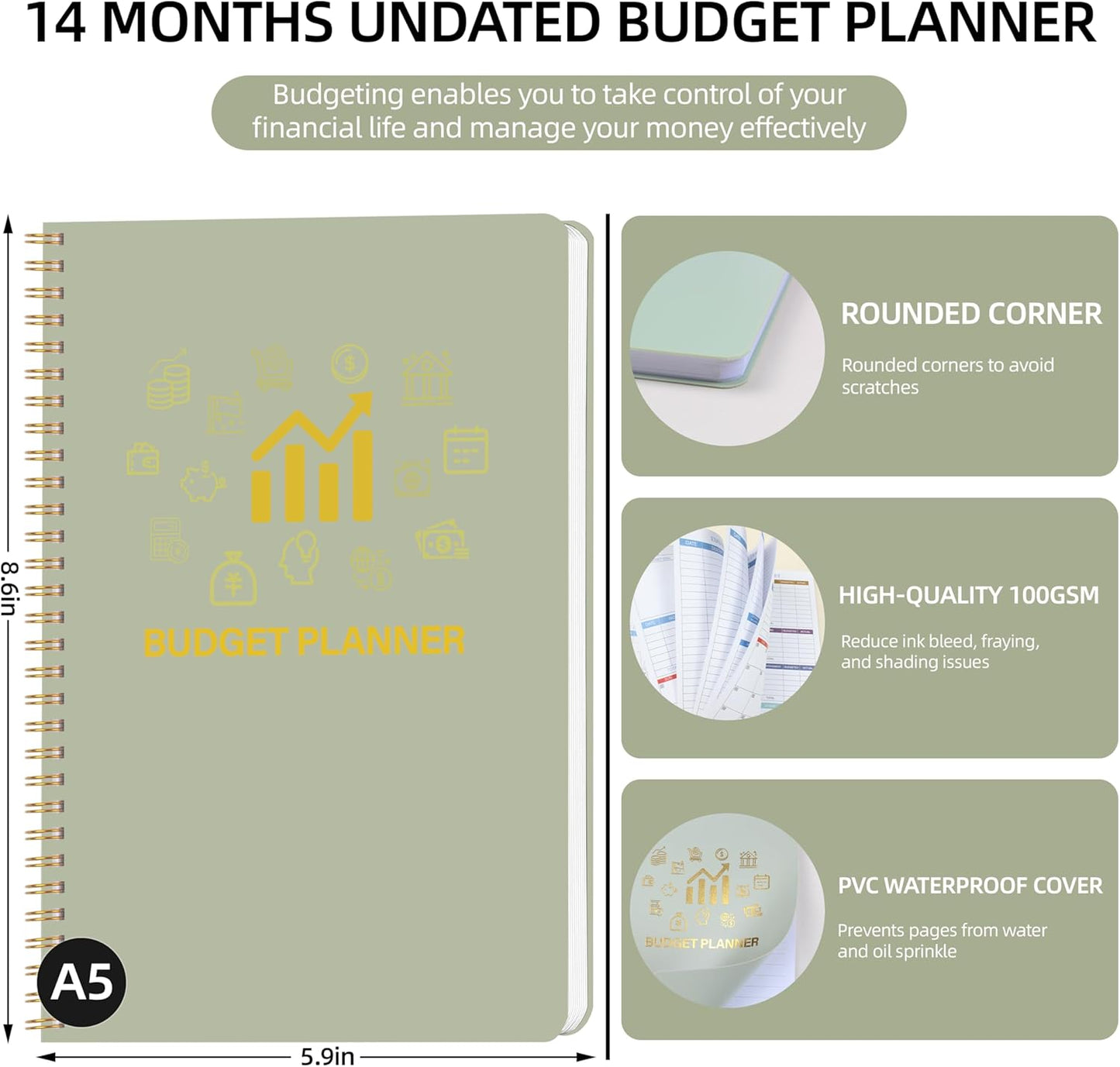 Monthly Budget Planner - 14 Months Undated Financial Planner Organizer Budget Book with Expense and Debt Tracker Notebook to Manage Your Money Effectively, Bill Planner and Organizer