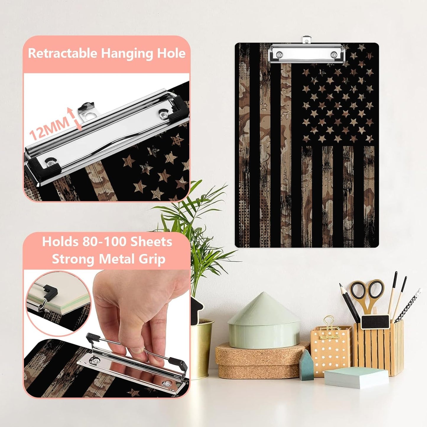 Camouflage Flag Plastic Clipboards,Cute Fashion Clipboard Decorative 8.5" x 12.5"Standard A4 Size Clipboards,Acrylic Clipboard for Teacher,Social Worker,Students,Nurse,Office Supplies