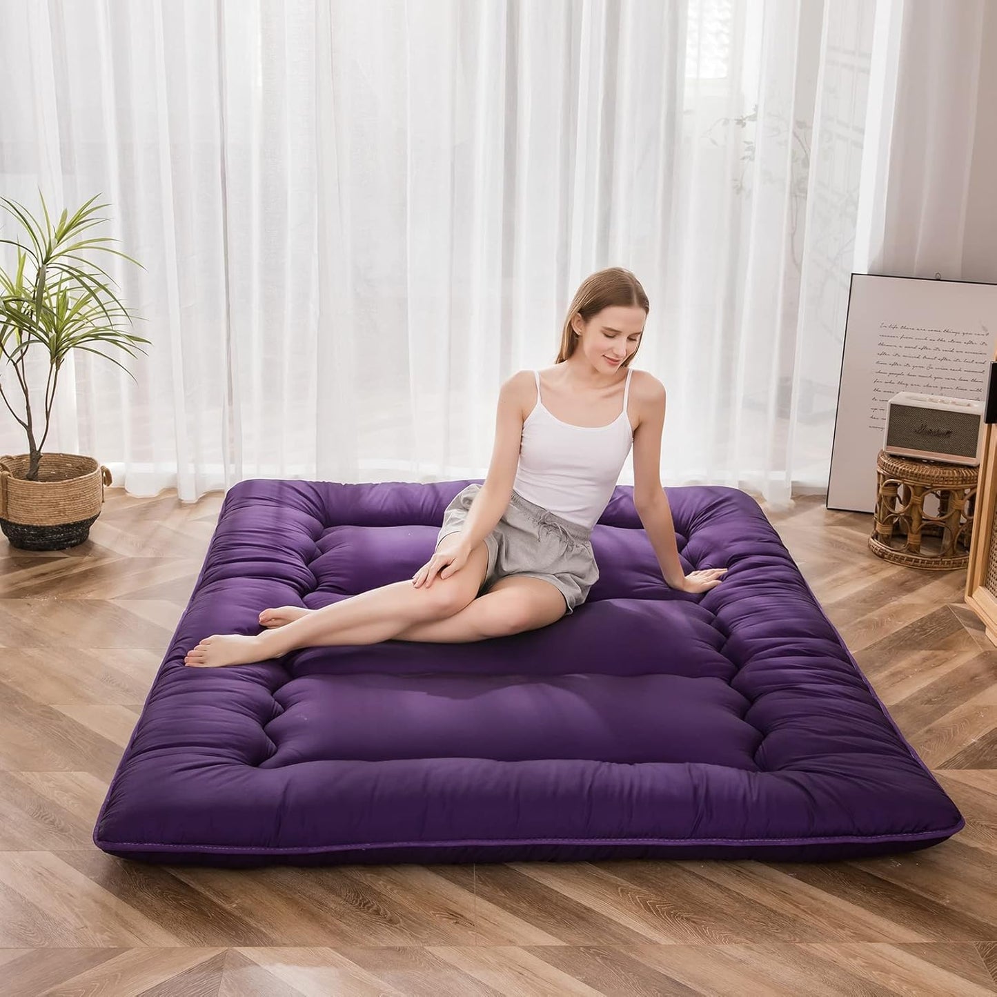 MAXYOYO Japanese Floor Mattress Futon Mattress, Thicken Sleeping Pad Foldable Roll Up Floor Futon for Adults Tatami Mat Dormitory Bed Lounger, Purple, Full Size