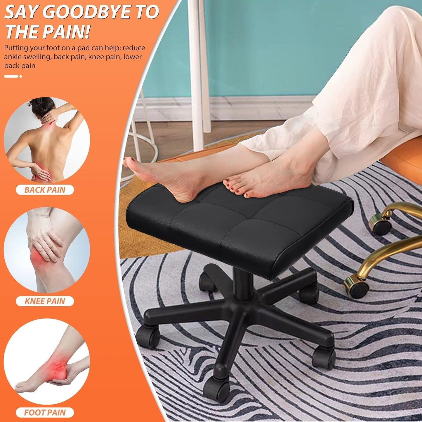 Footrest Under Desk Leg Rest Ottoman Adjustable Height Foot Stool with Wheels Leather Footrest for Home Office