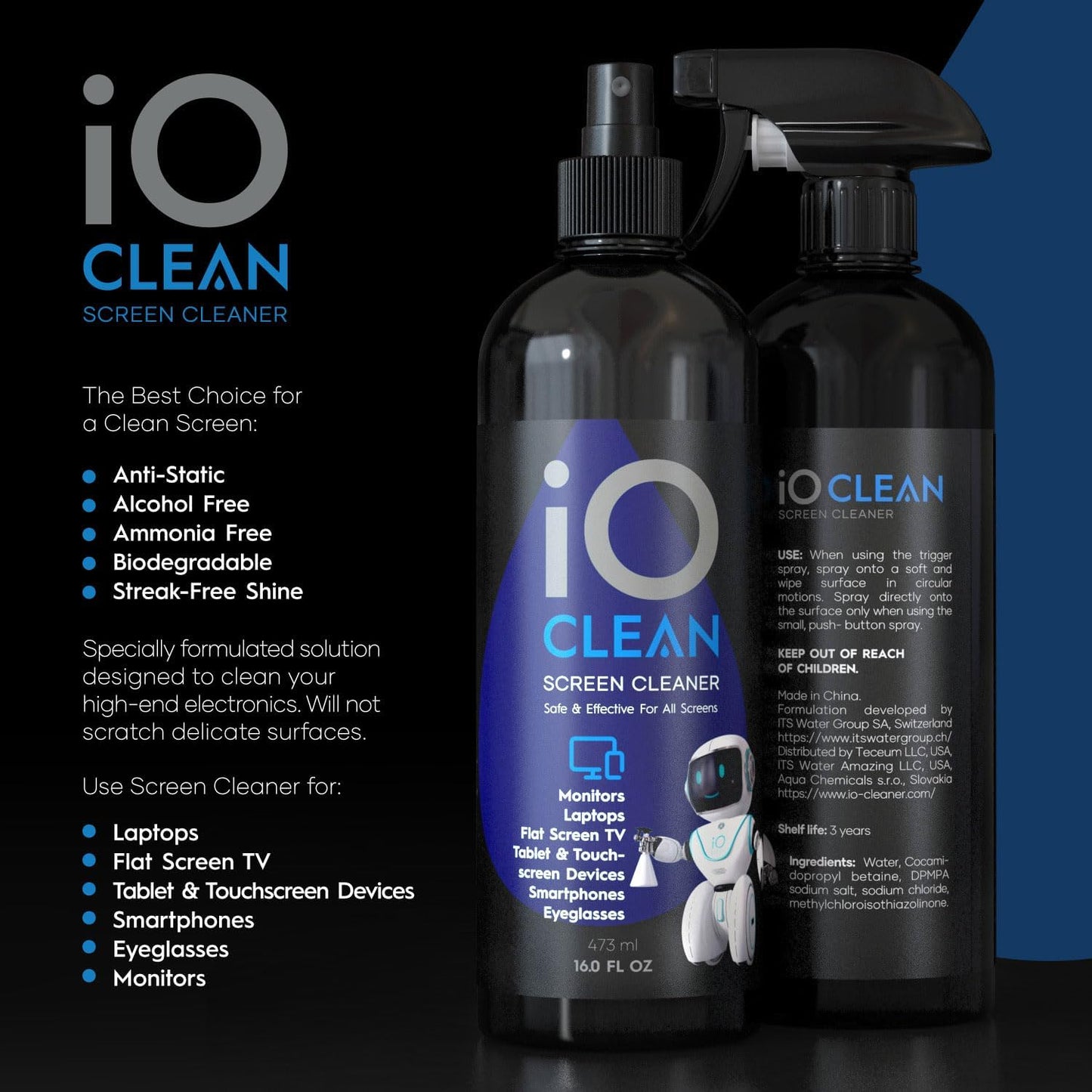 Screen Cleaner Spray (16oz + mini Cleaner) – Best Large Cleaning Kit for LCD LED OLED TV, Smartphone, iPad, Laptop, Touchscreen, Computer Monitor, Electronic Devices, Microfiber Cloth and 2 Nozzles