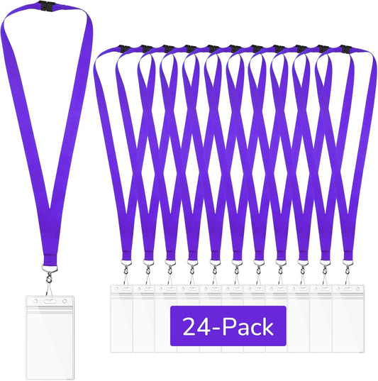 24-Pack Purple Breakaway Lanyards with Waterproof Badge Holders, Metal Hook, Polyester Neck Straps for ID Cards, Events, Office, and Schools