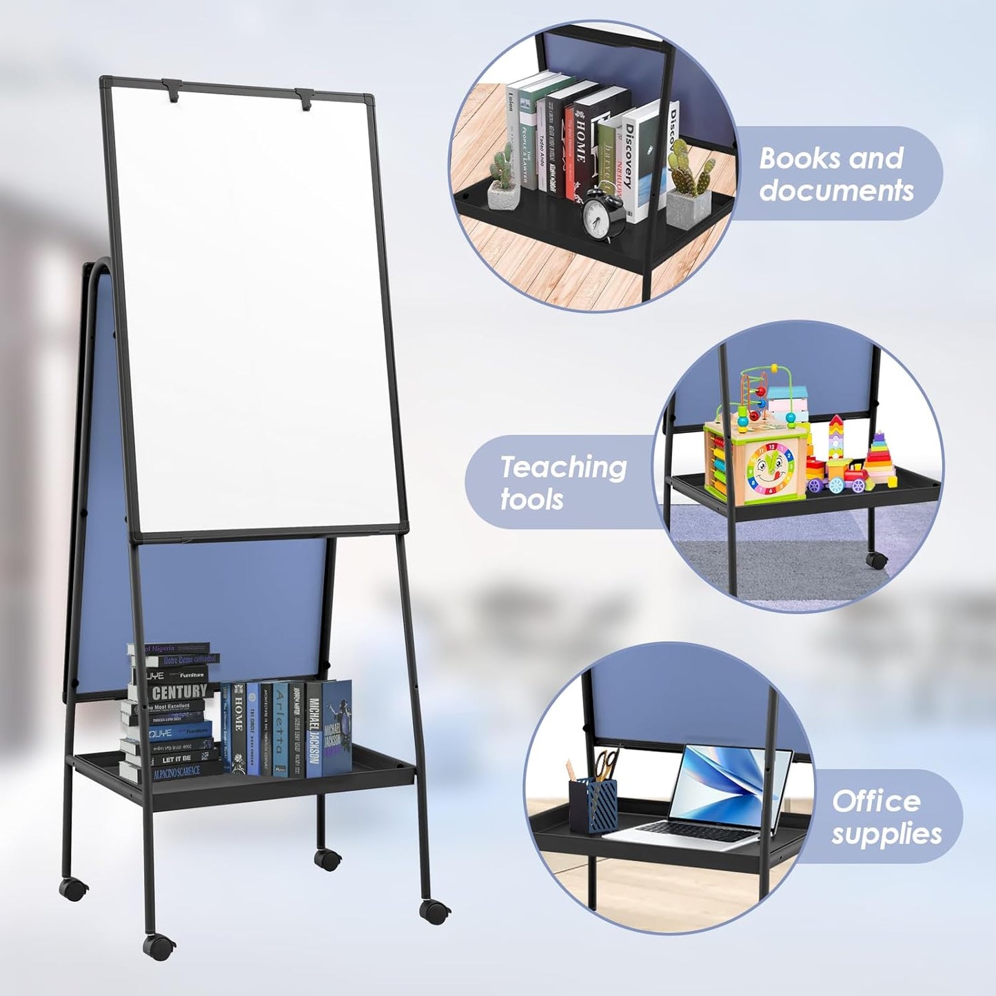 MAKELLO Rolling Whiteboard on Wheels 36x24 in, Double Sided Mobile White Board with Storage Tray for Office School Home, Magnetic Classroom Easel for Teacher, Height Adjustable, Aluminum Frame, 3'x2'