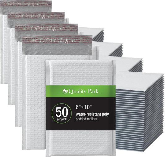 Quality Park Bubble Mailers, 6 x 9 Inch, White Poly Mailers, Padded Envelopes, Shipping Envelopes, Water Resistant, Self Seal, 50 Per Box (QUA85856), Plastic (Pack of 4)