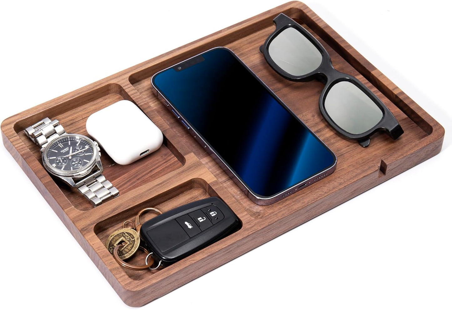 Valet Tray Walnut Wooden - Desk Drawer Organizer Tray, Multi-Functional Desk Organizer, Keys Watch Wallet Jewelry Catchall Dresser Accessories Bedside Organizer for Office Home Gift