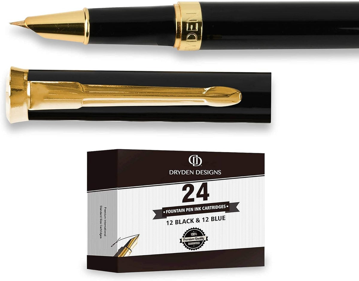 Dryden Designs Fine Nib Fountain Pen - Includes 24 Ink Cartridges - 12 Black and 12 Blue - Black - Smooth Elegant Writing with Fine Nib and Ink Converters