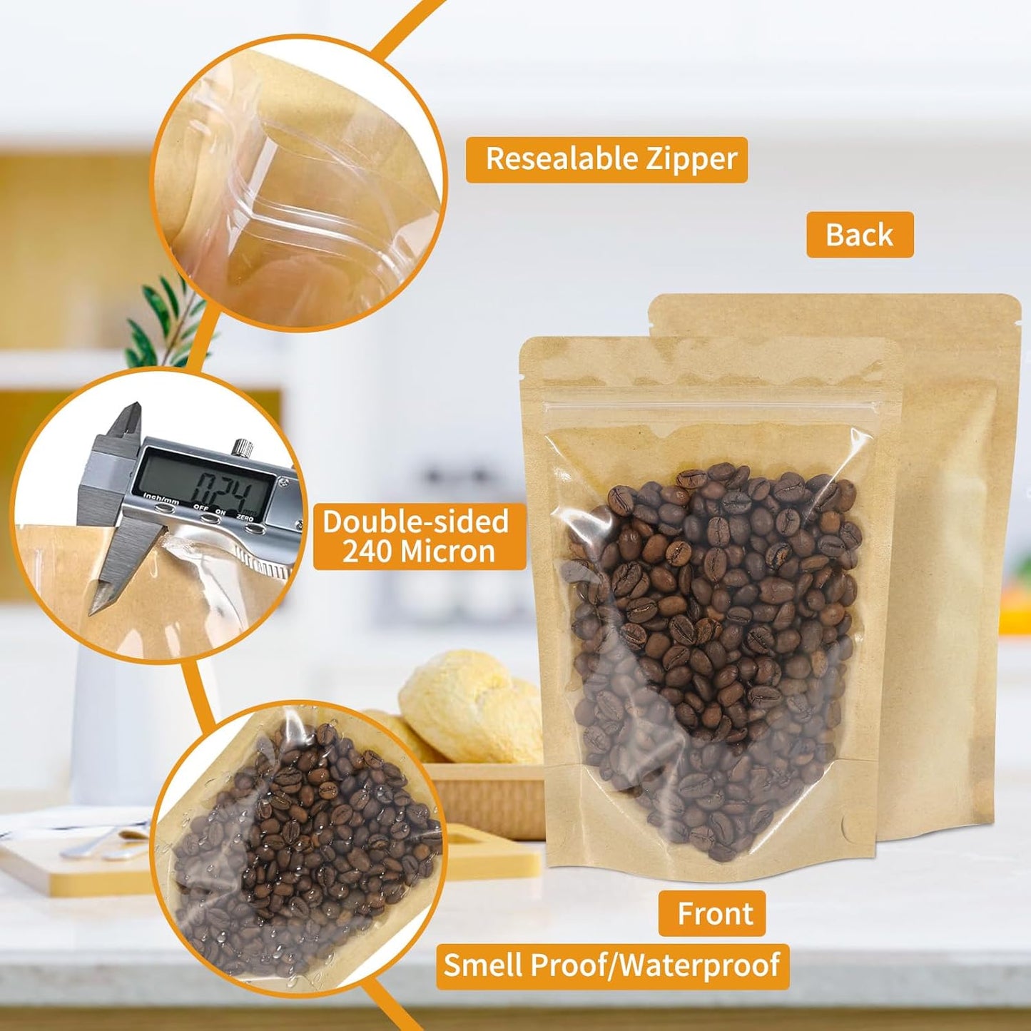 100 PCS Resealable Bags, Stand Up Kraft Bags with Window Clear Front Pouches, Zipper Lock Food Storage Bags 3.93×5.9 Inch Reusable Sealable Bags for Packaging