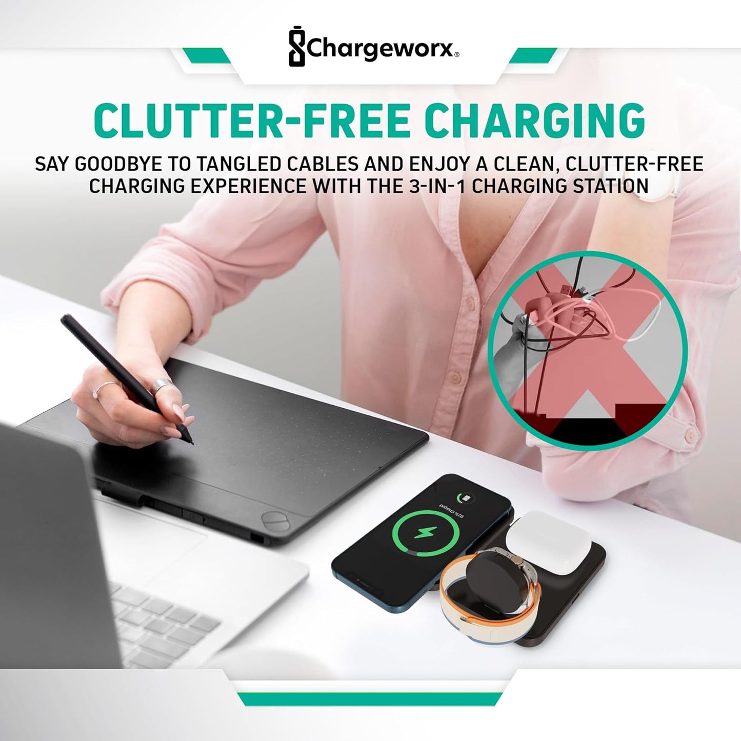 CHARGEWORX 3-in-1 Wireless Charger, Foldable Magnetic Charging Station with 15-Watt Fast Charging, Compatible with iPhone, Samsung, and Other Phones, Smartwatches, and Headphones, Black