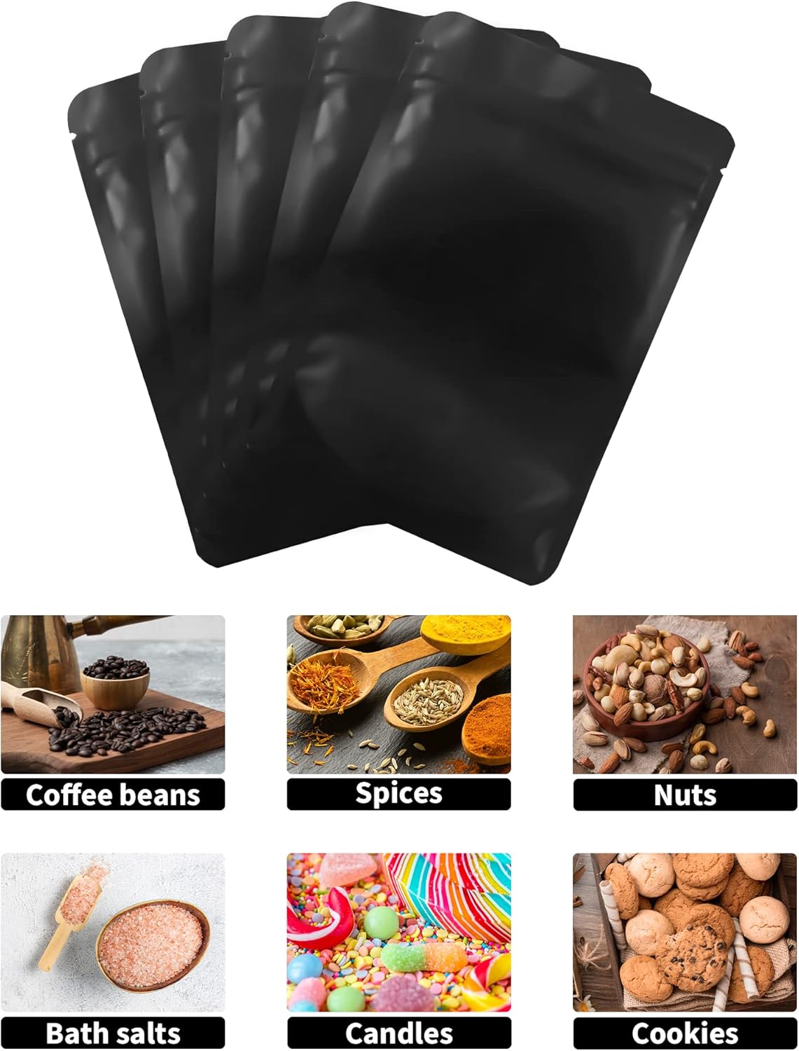 100 Pack Resealable Stand Up Bags,7.1" x 10.2" Smell Proof Pouch Sealable Foil Pouch Bags for Packaging (Black)