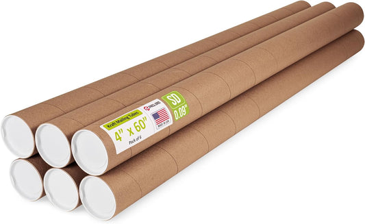 4" x 60" Reinforced Kraft Paper Mailing Tube, Pack of 6 Tubes with 12 Caps – Secure USPS Approved Poster Tube – Cardboard Tube for Shipping and Storing Posters, Prints, Artwork, or Documents
