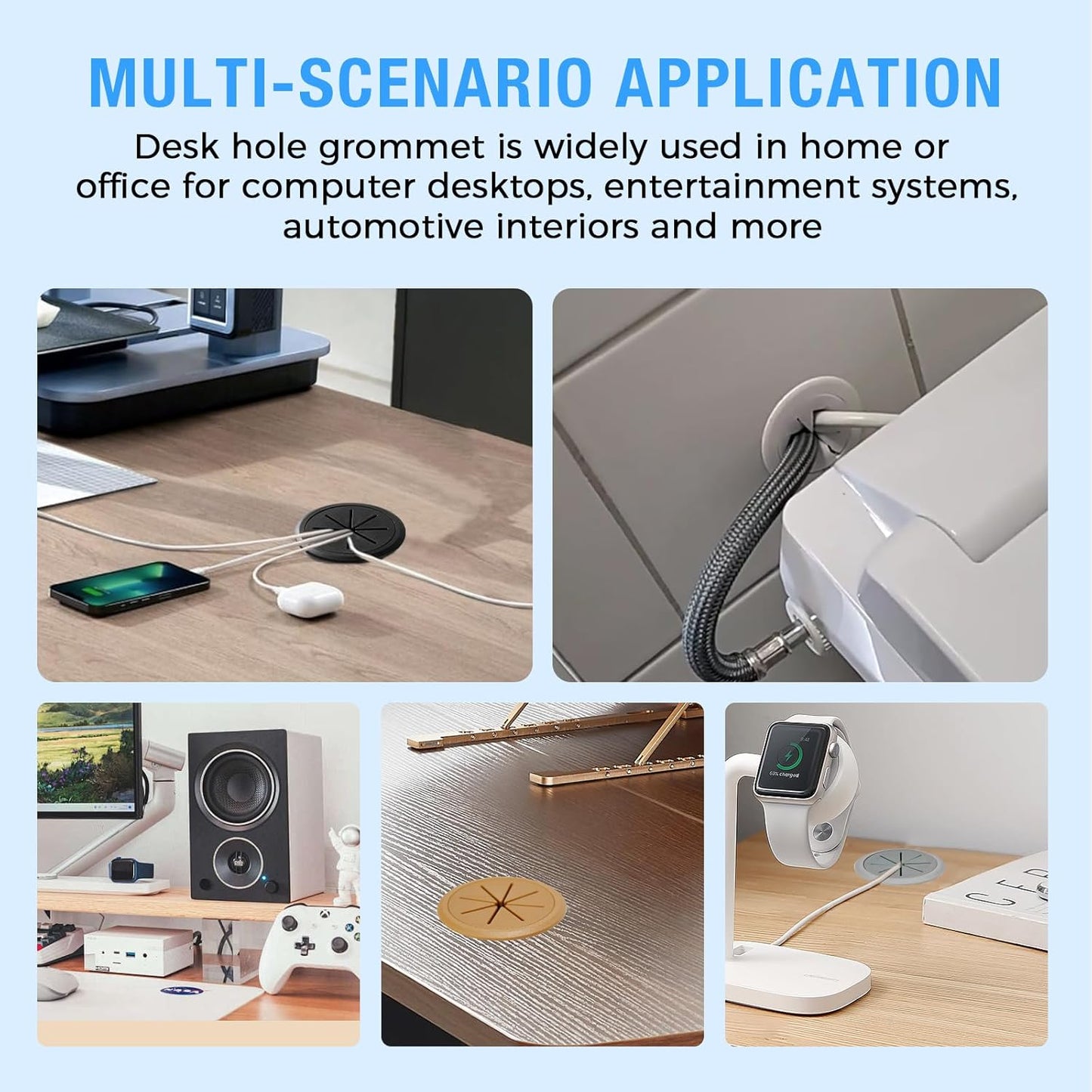 Desk Grommet 2-3/8" (60 mm), Desk Hole Cover for Cables Black, Cable Grommet ABS Plastic, Desk Hole Grommet for Office and Home Table Cable, Detachable & Flexible Cable Cord Organizer-4 Pcs