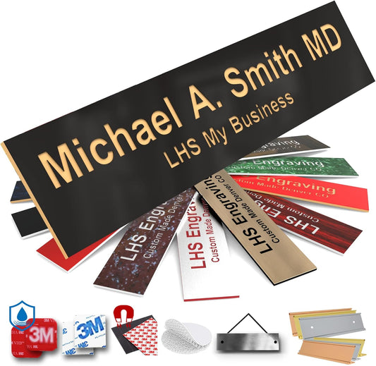 Engraved Door Signs for Office Personalized Black Plastic Door Plaque Gold Letters - Made in USA 2x4 B3
