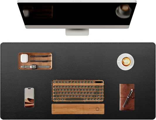 YSAGi Genuine Leather Desk Mat, 31.5"x15.8" Leather Desk Mat, Office Desk Pad, Thick Desk Pad with Stitched Line, Non-Slip Laptop Writing Pad with Rubber Base(Black, 31.5"x15.8")