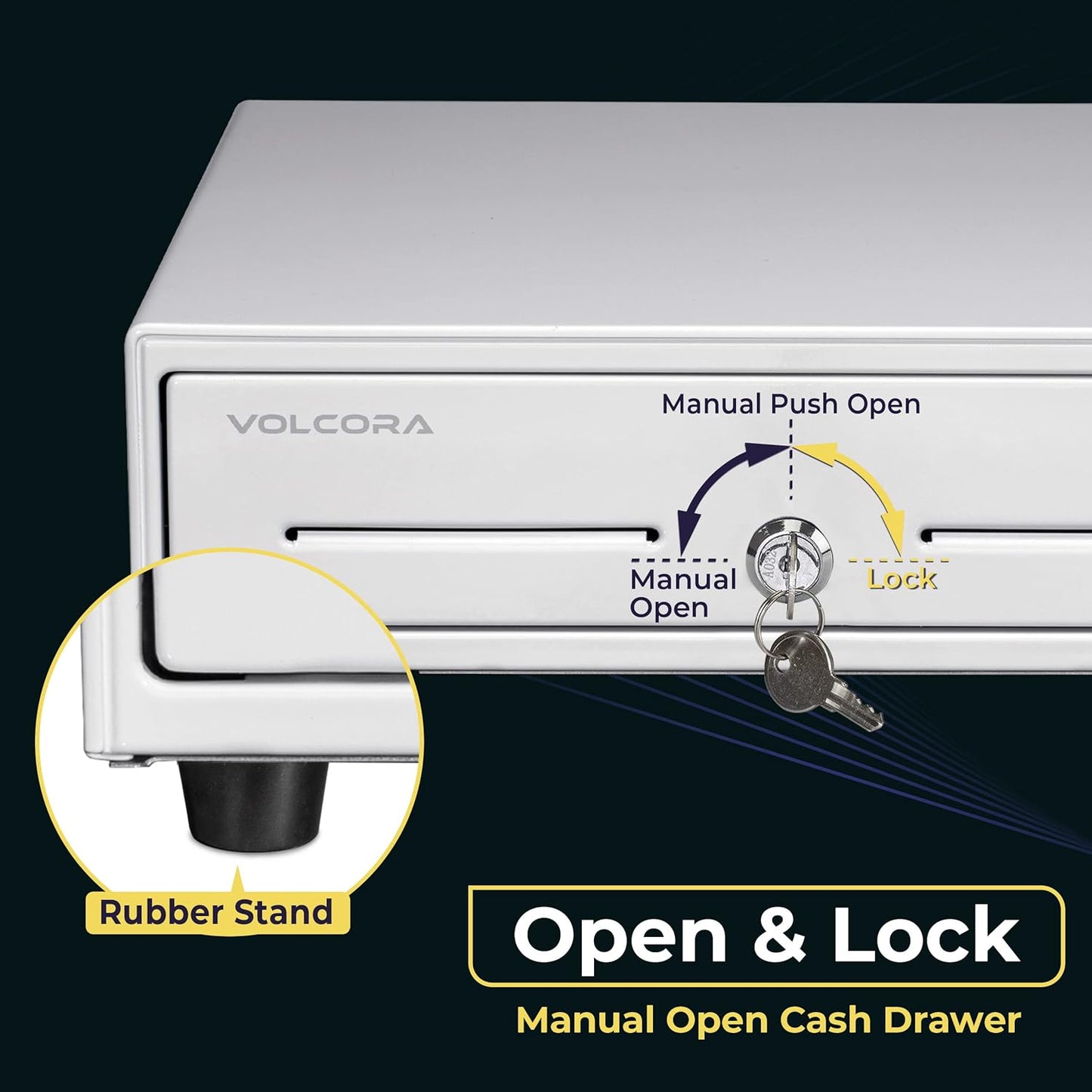 Volcora 13" Manual Push Open Cash Register Drawer for Point of Sale (POS) System, White Heavy Duty Till with 4 Bills and 5 Coin Slots, Key Lock with Fully Removable Money Tray and Double Media Slots