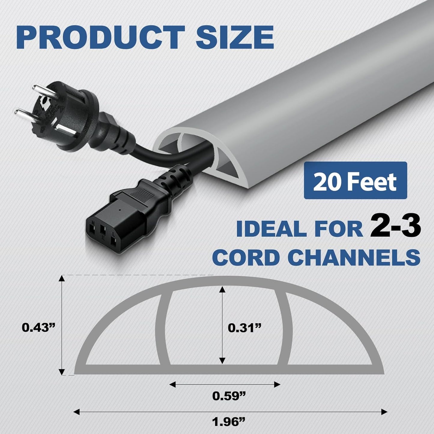 Floor Cord Cover for Wires on Floor Self Adhesive Cord Hider Floor Cable Management Wire Covers for Cords Protector Prevent Cable Trips Cord Cavity W 0.59" x H 0.31", Gray, 20Ft