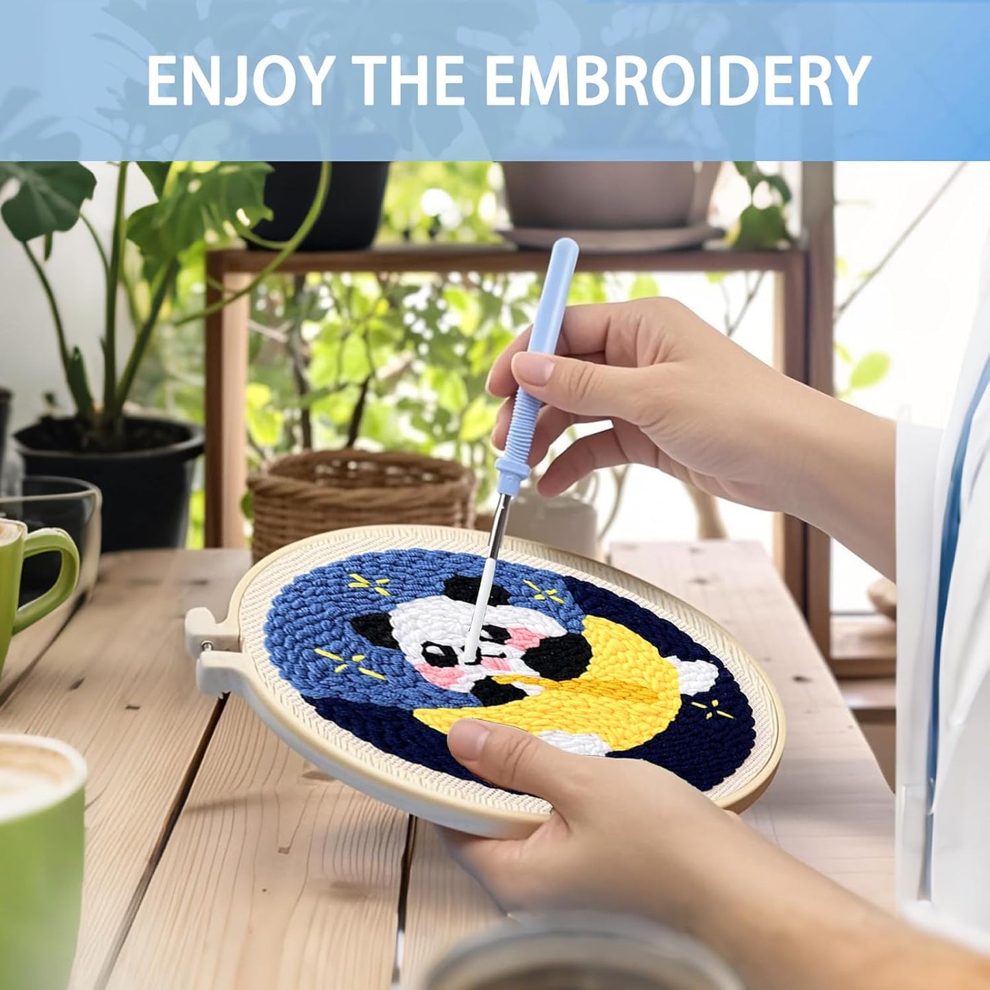 Danvk Panda Punch Embroidery Kit with Embroidery Fabric, Hoop,Scissor,Punch Needle and Yarns, Hand Craft Gift,DIY Embroidery Kits, Hand Punch Needle Kit for Women and Kids Beginners(Panda-Hanging)