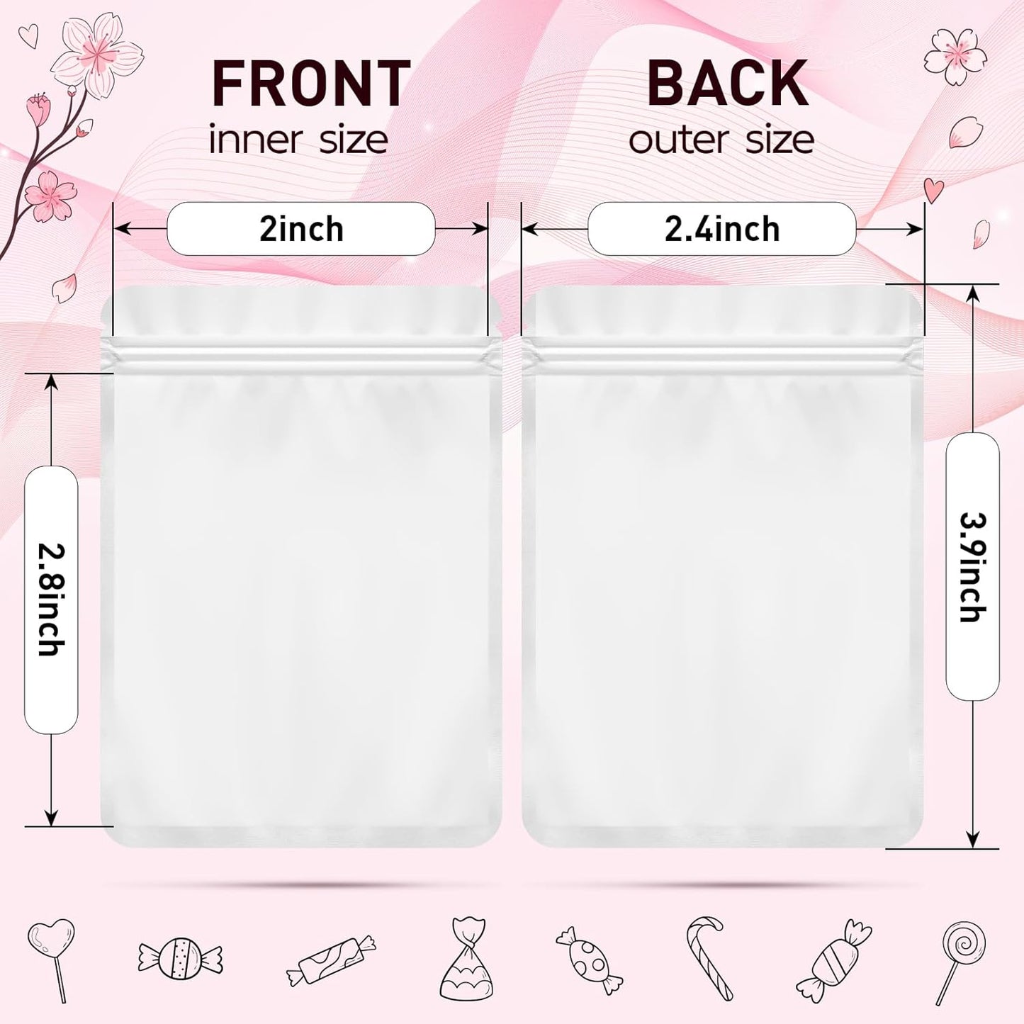 Funfery 100 Pack White Mylar Packaging Bags Resealable Bags Double Sided Color Odor Proof Pouch Baggies Smell Proof Foil Bag for Food Storage,Small Business(White,2.4x3.9inch)