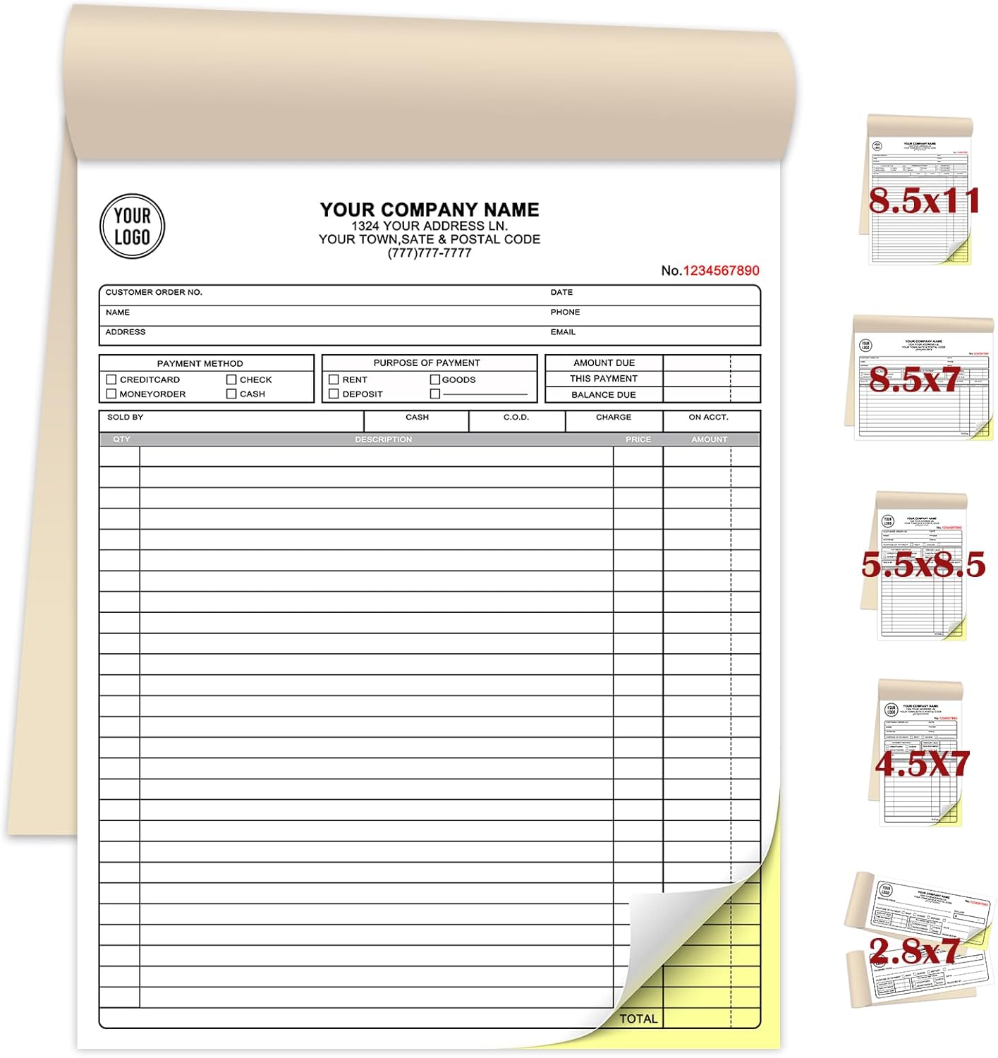 Custom Invoice Book for Small Business,8.5 x11 Inches Invoice Receipt Book, 2-Part Carbonless Forms, Personalized Company Name, Address, Phone Number