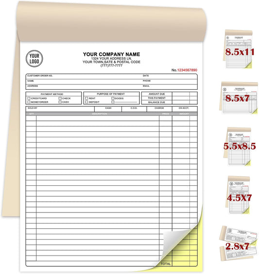 Custom Invoice Book for Small Business,8.5 x11 Inches Invoice Receipt Book, 2-Part Carbonless Forms, Personalized Company Name, Address, Phone Number