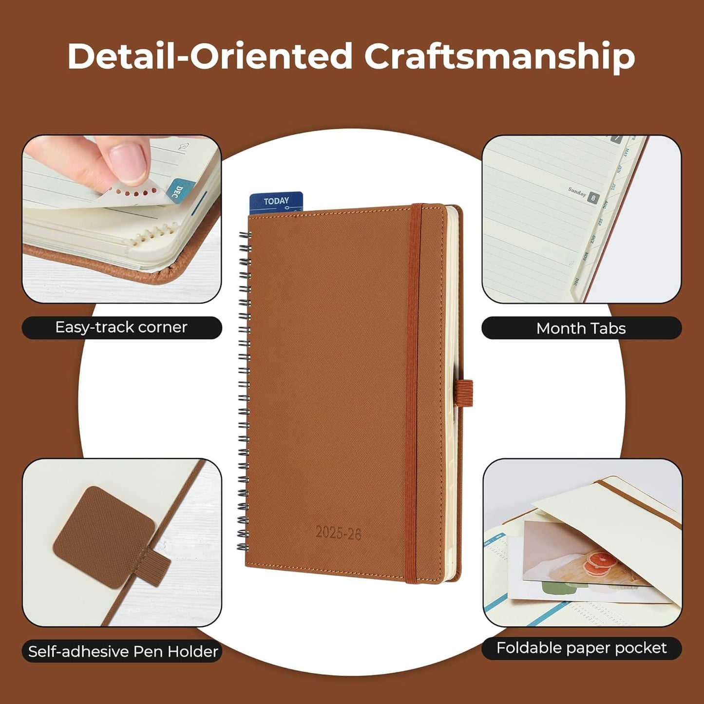 Planner 2025-2026 Daily Weekly and Monthly,8.5"x6.5",18 Months Spiral Bound Calendar Agenda with Self-adhesive Pen Holder,2026 Academic Plan with Vegan Leather Soft Cover,Brown
