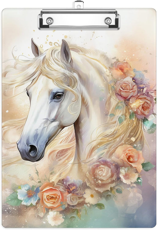 White Horse Plastic Clipboards,Cute Fashion Clipboard Decorative 8.5" x 12.5"Standard A4 Size Clipboards,Acrylic Clipboard for Teacher,Social Worker,Students,Nurse,Office Supplies