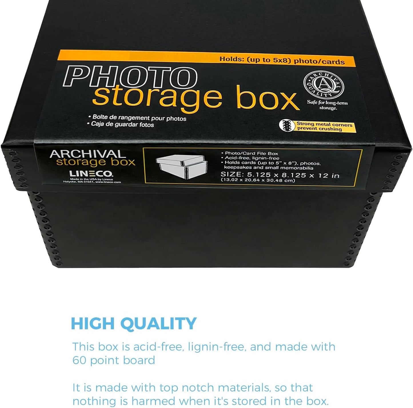 Lineco, Photo Card Box, Museum-Quality Archival Storage, Acid-Free with Removable Lid, Bulk Storage for Negatives, Prints, Films, Photos, Snapshot, 5x8x12 Inches, Black, 2 Pack