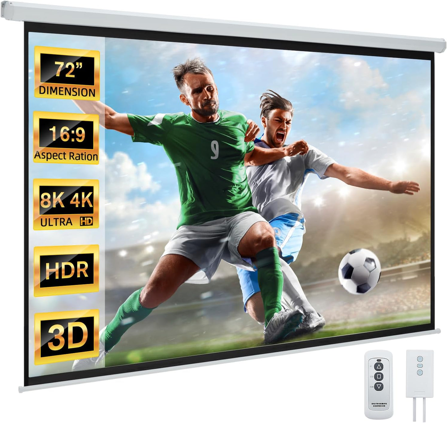 YODOLLA 72" Projector Screen Motorized 16:9, 4K HD Pull Down Retractable Projection Screens Electric Automatic Wall Ceiling Movie Screen for Office Classroom Indoor with Remotes