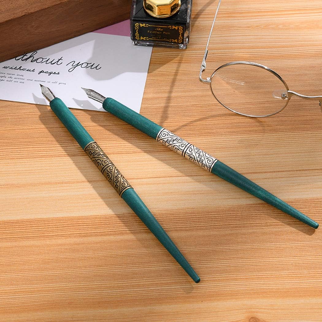 Professional Manga Gothic Pen Dip Pen Calligraphy Drawing Pen Kit, 2 Pen Holders Handles, 7 Nibs (2 Fountain Pen Nib, 5 Flat Nib) - Silver and Bronze