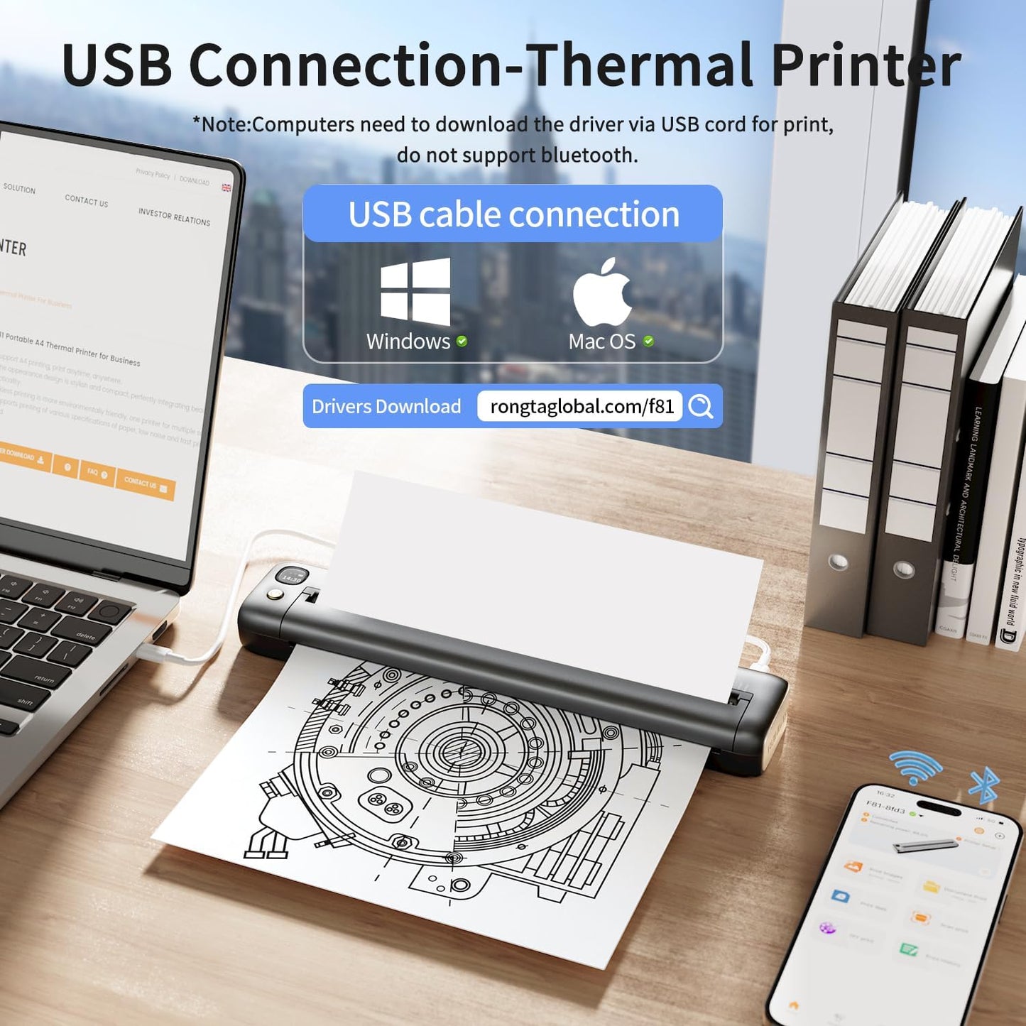 Rongta Portable Printers Wireless for Travel, WiFi & Bluetooth Mobile Printer, Thermal Inkless Printer for School/Office/Home Use, Compatible with Android,iOS & Laptop (Gray)