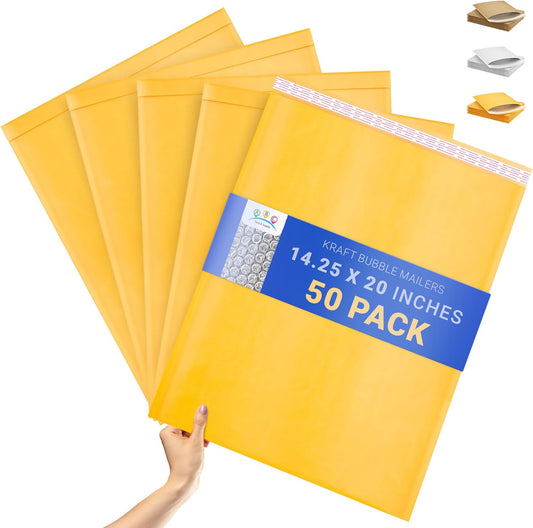 ABC PACK & SUPPLY Yellow Kraft Bubble Mailer Envelopes, 14.25 x 20 Inches. 50 Pack Mail Padded Envelopes Self Seal. Kraft Bubble Mailers. Tear-Resistant Mailing Envelope Padded. Sturdy Paper Mailer