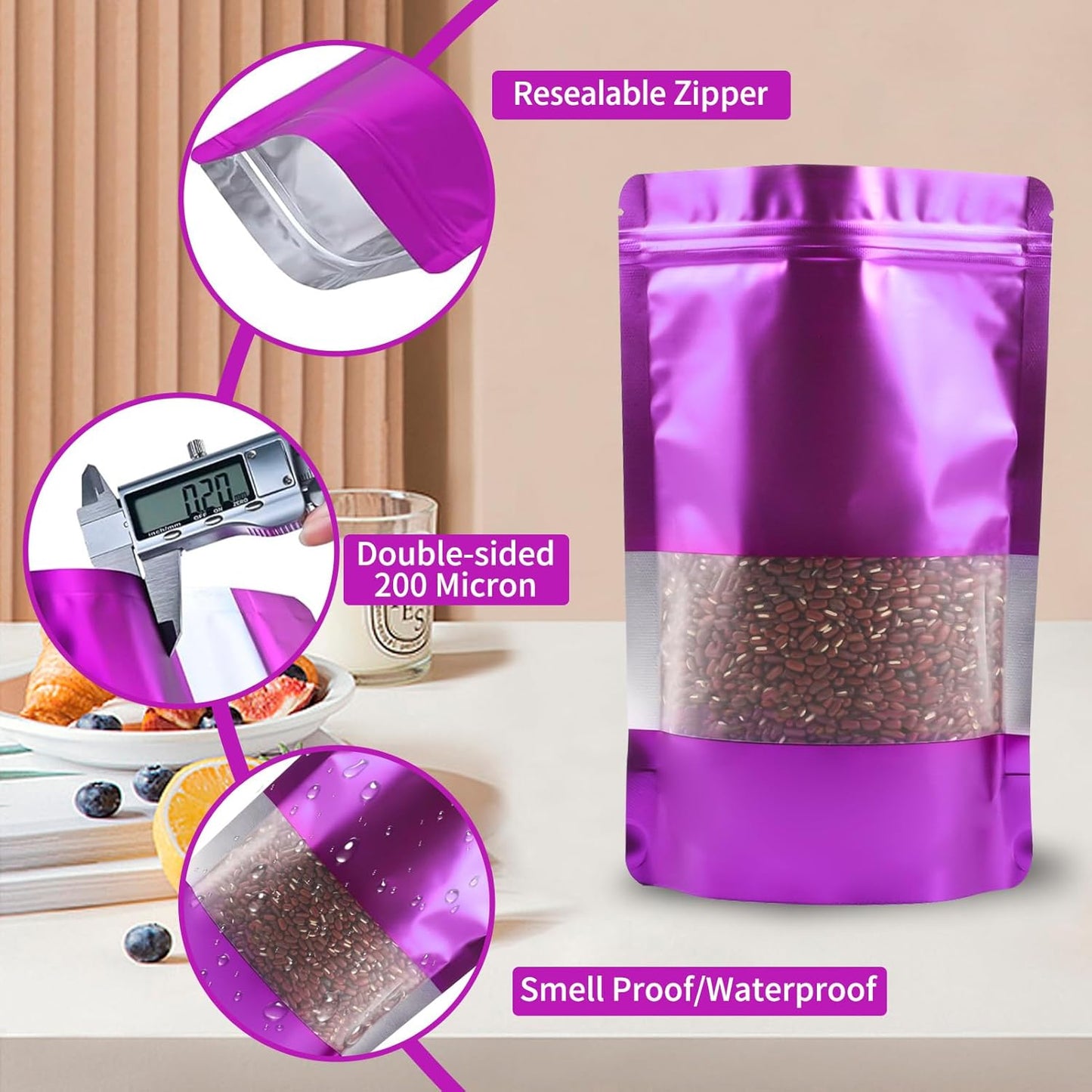 100 Pack Smell Proof Bags, Resealable Purple Mylar Bags with Matte Window, Foil Pouch Stand Up Sealable Bags for Packaging, 4.72 × 7.87 Inch