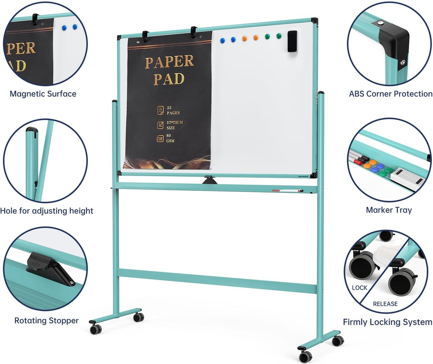 Large Dry-Erase Rolling Magnetic Whiteboard - 48 x 32 Inches Dry Erase Board with Stand Height Adjust Double Sides Mobile White Board Easel on Wheels with 25 Sheets Paper Pad Office, Home & Classroom